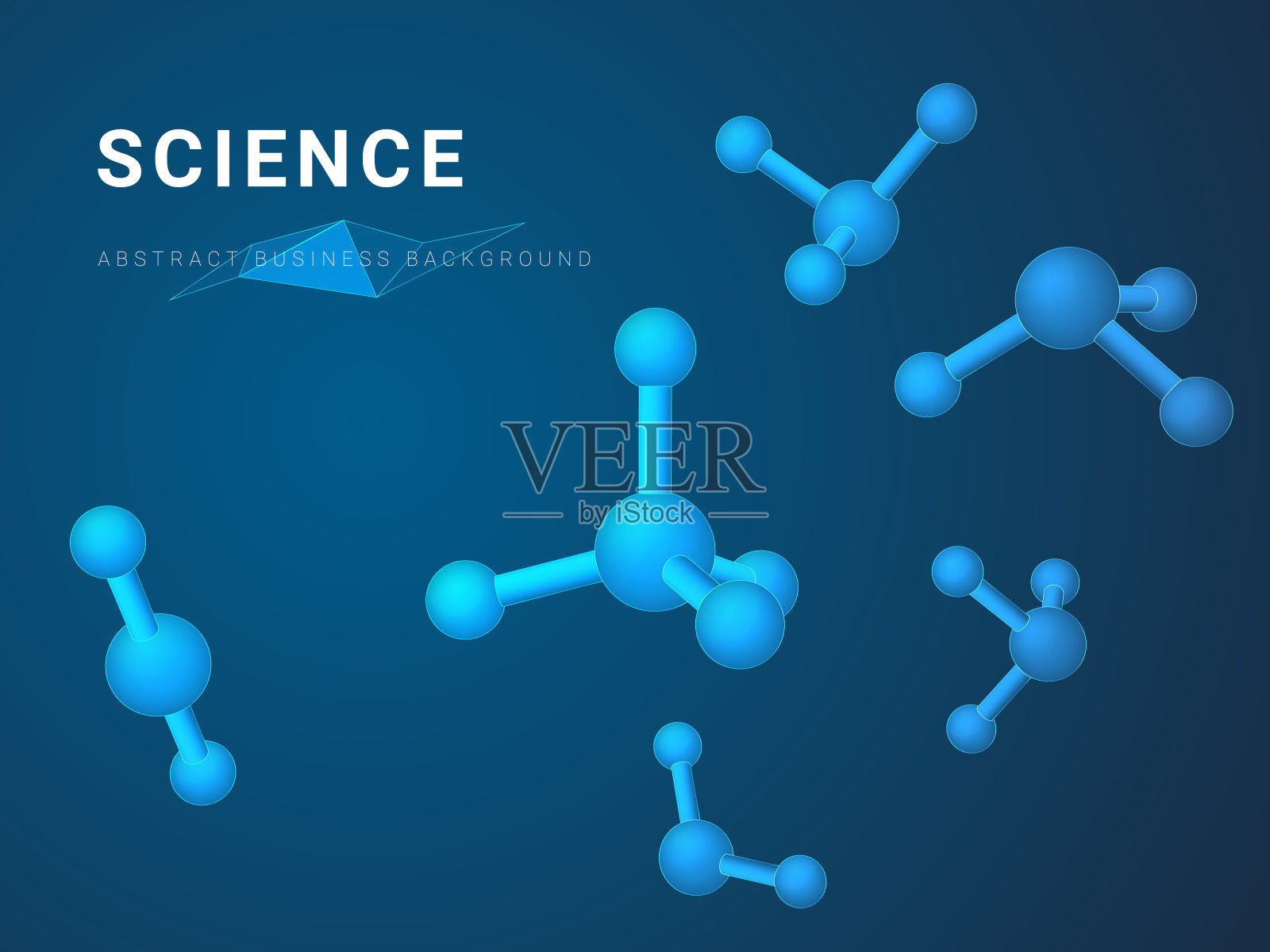 摘要现代商业背景向量在蓝色背景上以分子的形状描绘科学。插画图片素材