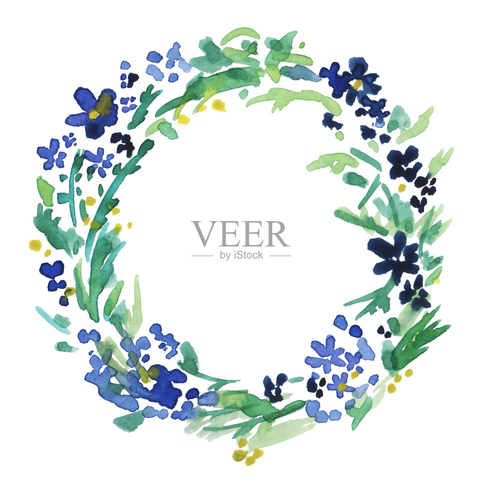 水彩蓝花圈。花卉框架，插图手绘。孤立在白色背景上。为母亲节，婚礼，生日，复活节，情人节设计。插画图片素材