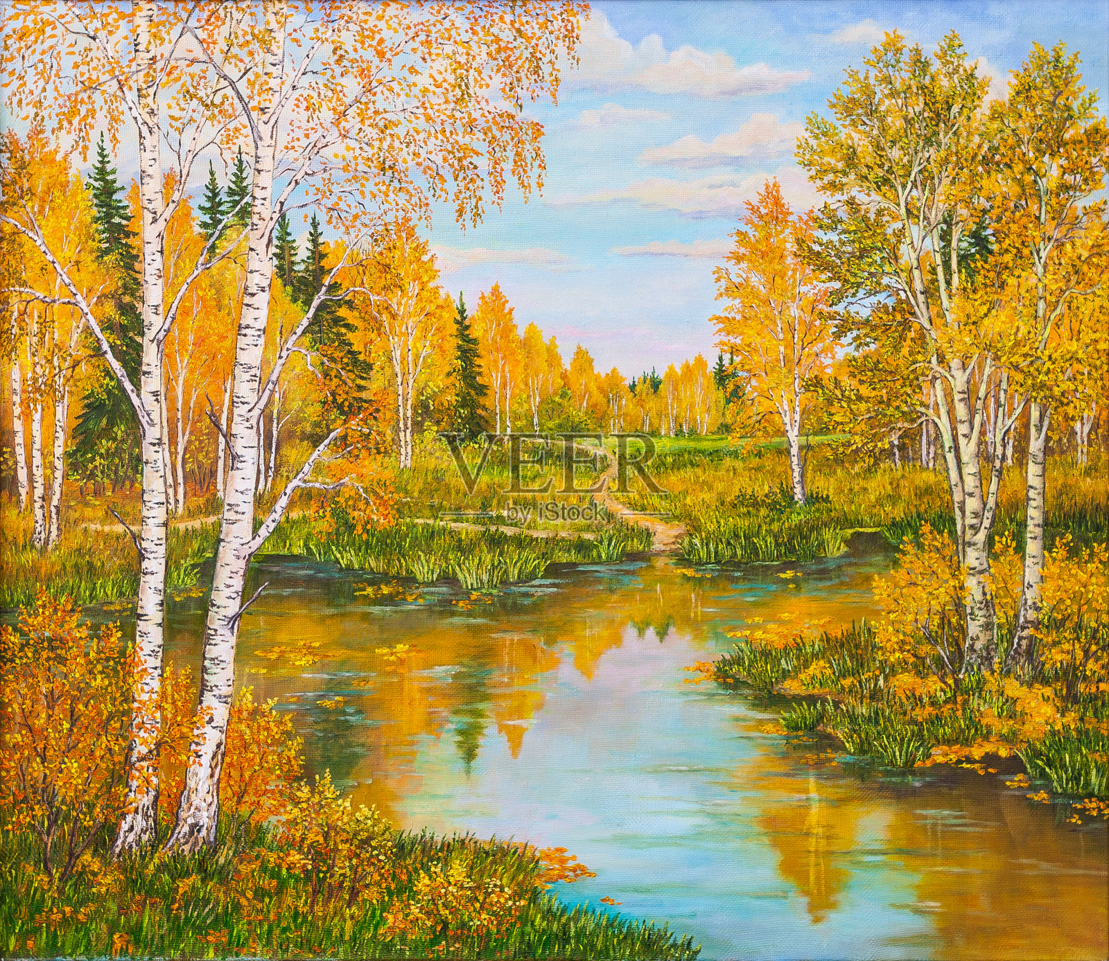 在阳光明媚的日子里，湖边的橙色森林。风景，松树和白桦树，绿草河边。俄罗斯。画布上的原始油画插画图片素材