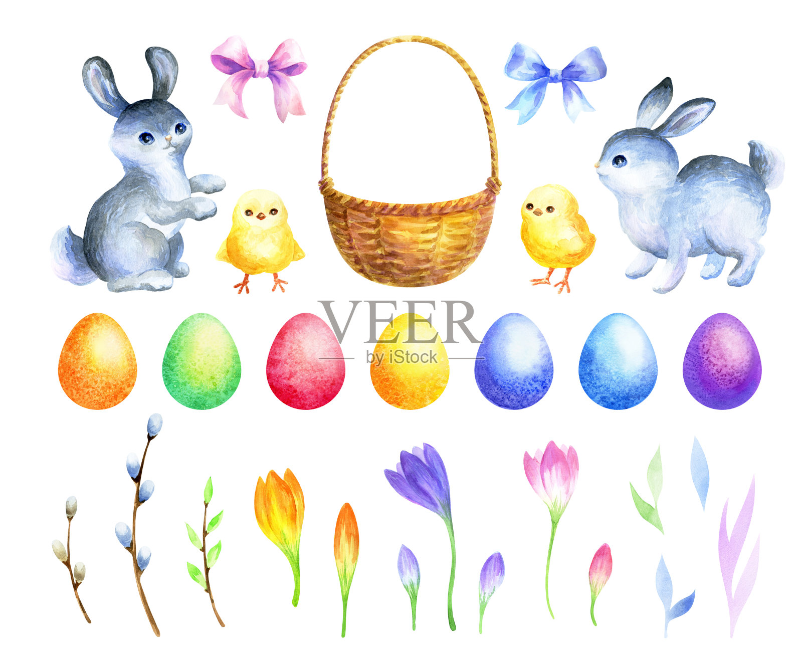复活节水彩插图与手绘可爱的兔子，鸡，花和彩色鸡蛋。插画图片素材