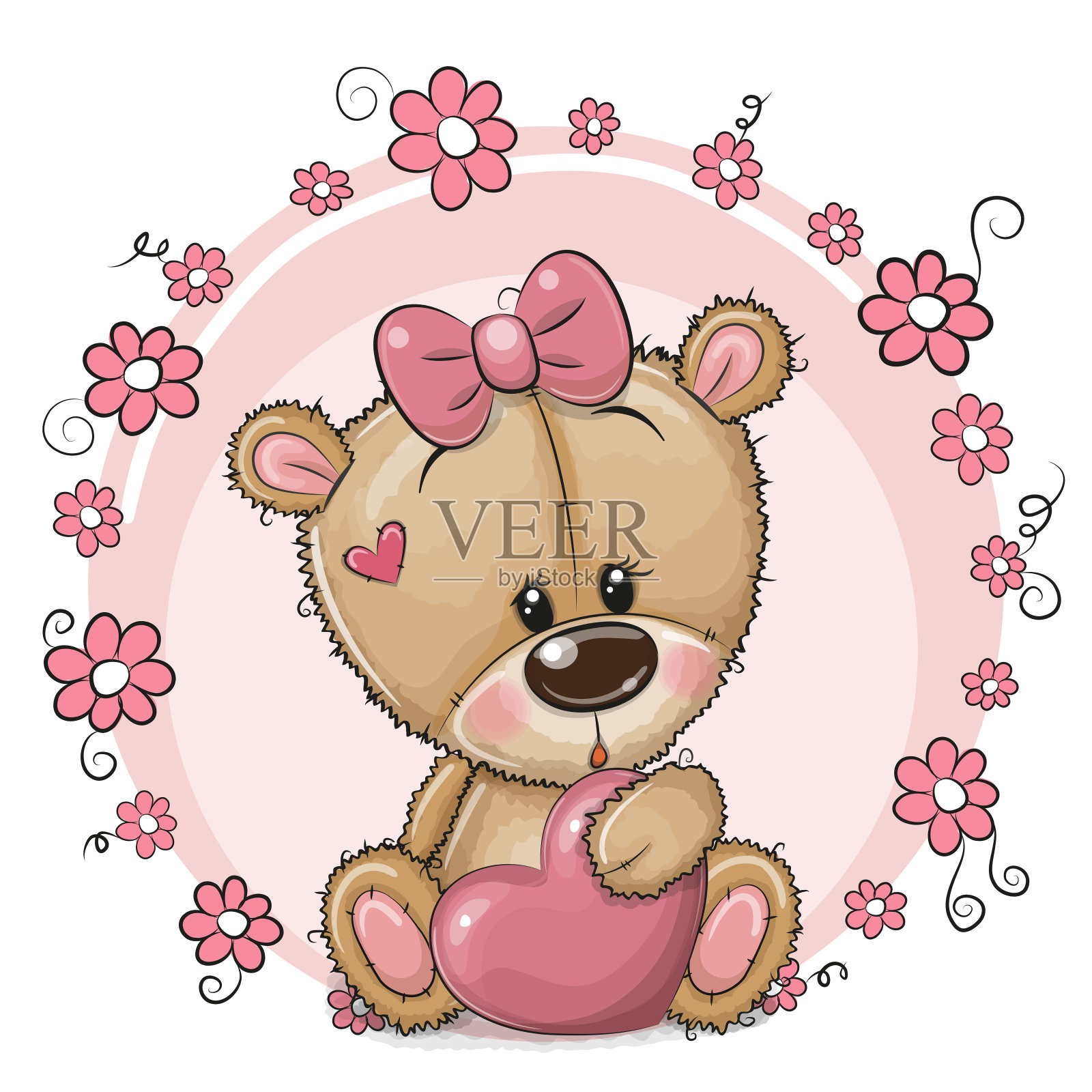 可爱的卡通泰迪熊女孩与心和花插画图片素材