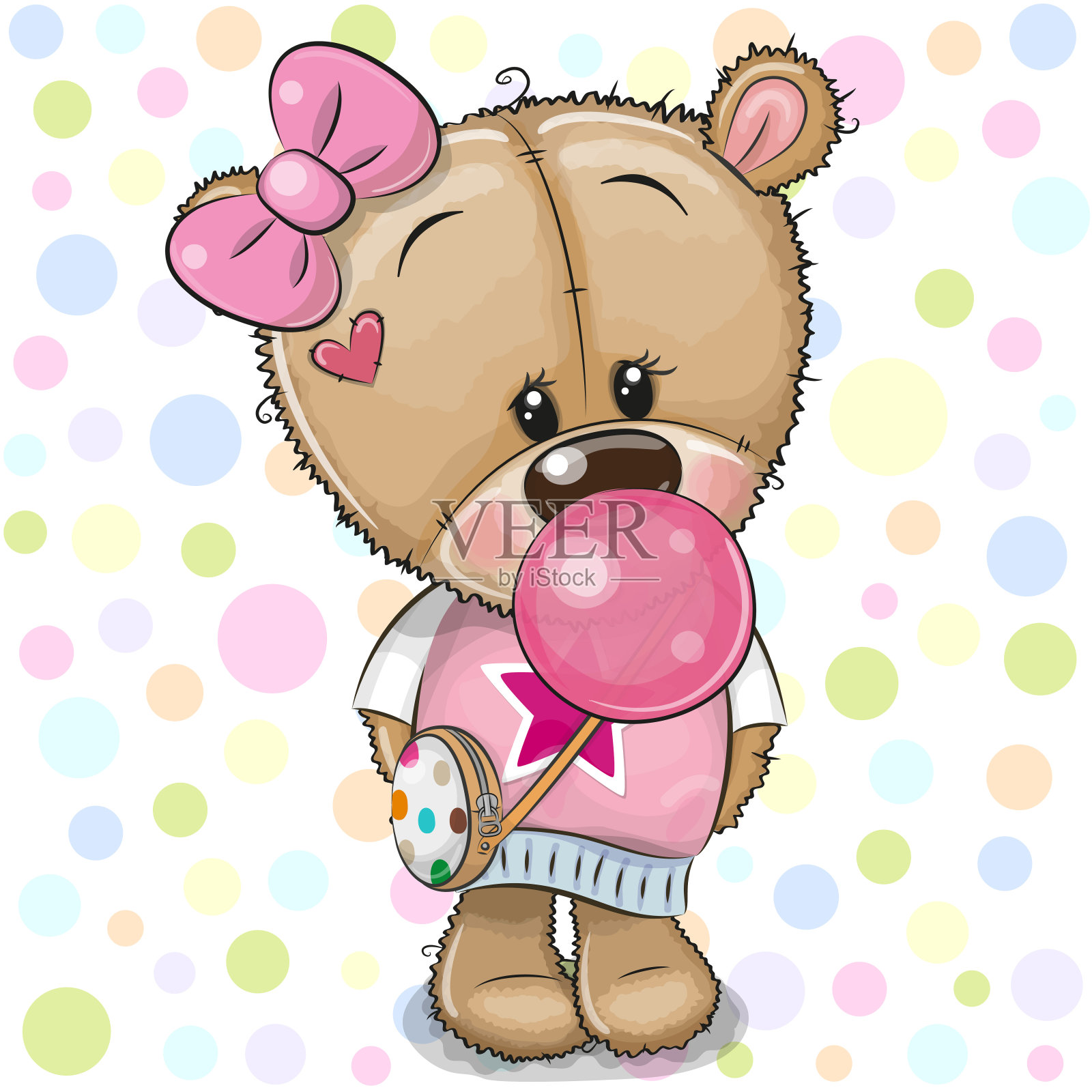 可爱的卡通泰迪熊女孩和泡泡糖设计元素图片