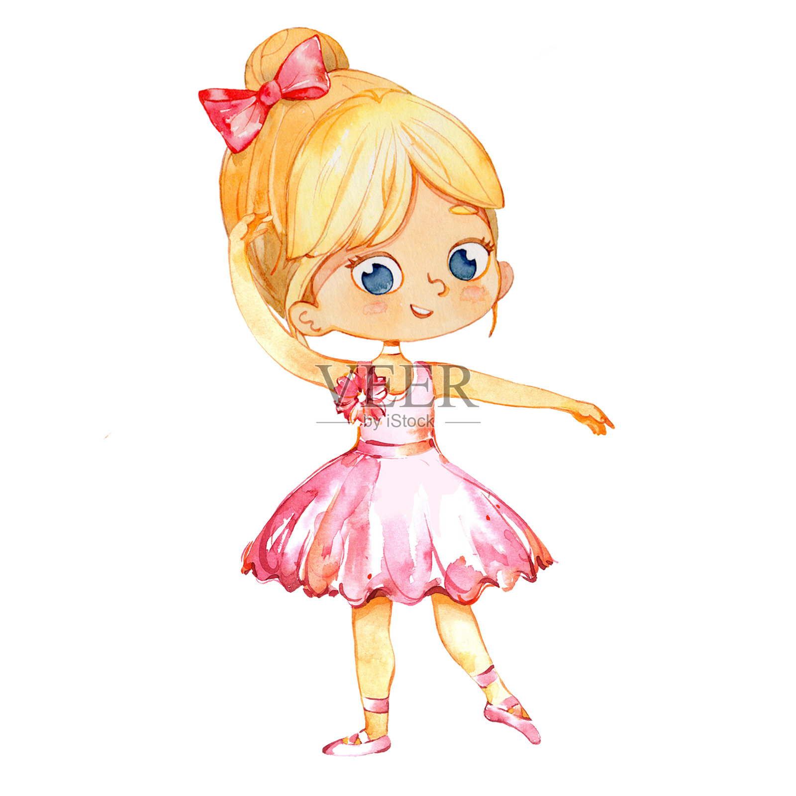 金发芭蕾舞女公主角色舞者女孩。可爱的小女孩穿着粉红色的芭蕾舞裙在学校上课。婴儿芭蕾舞海报设计概念水彩插画。孤立。插画图片素材
