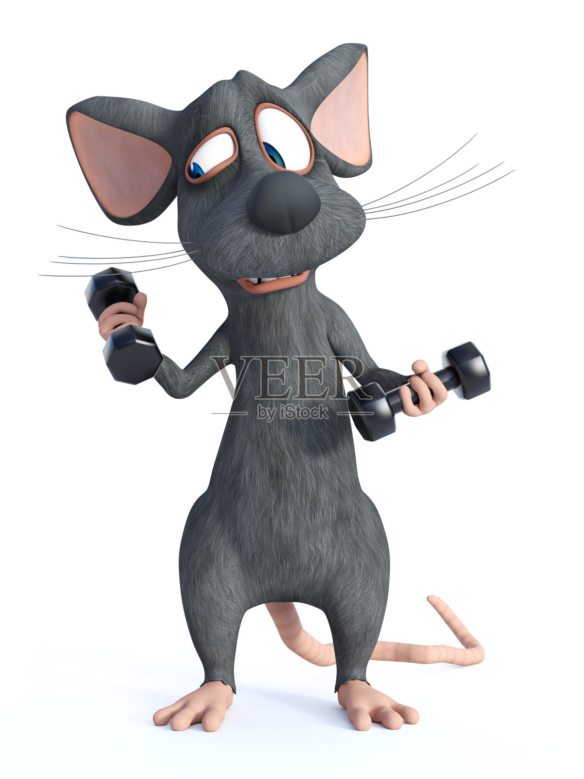 一个卡通老鼠做哑铃锻炼的3D渲染。照片摄影图片
