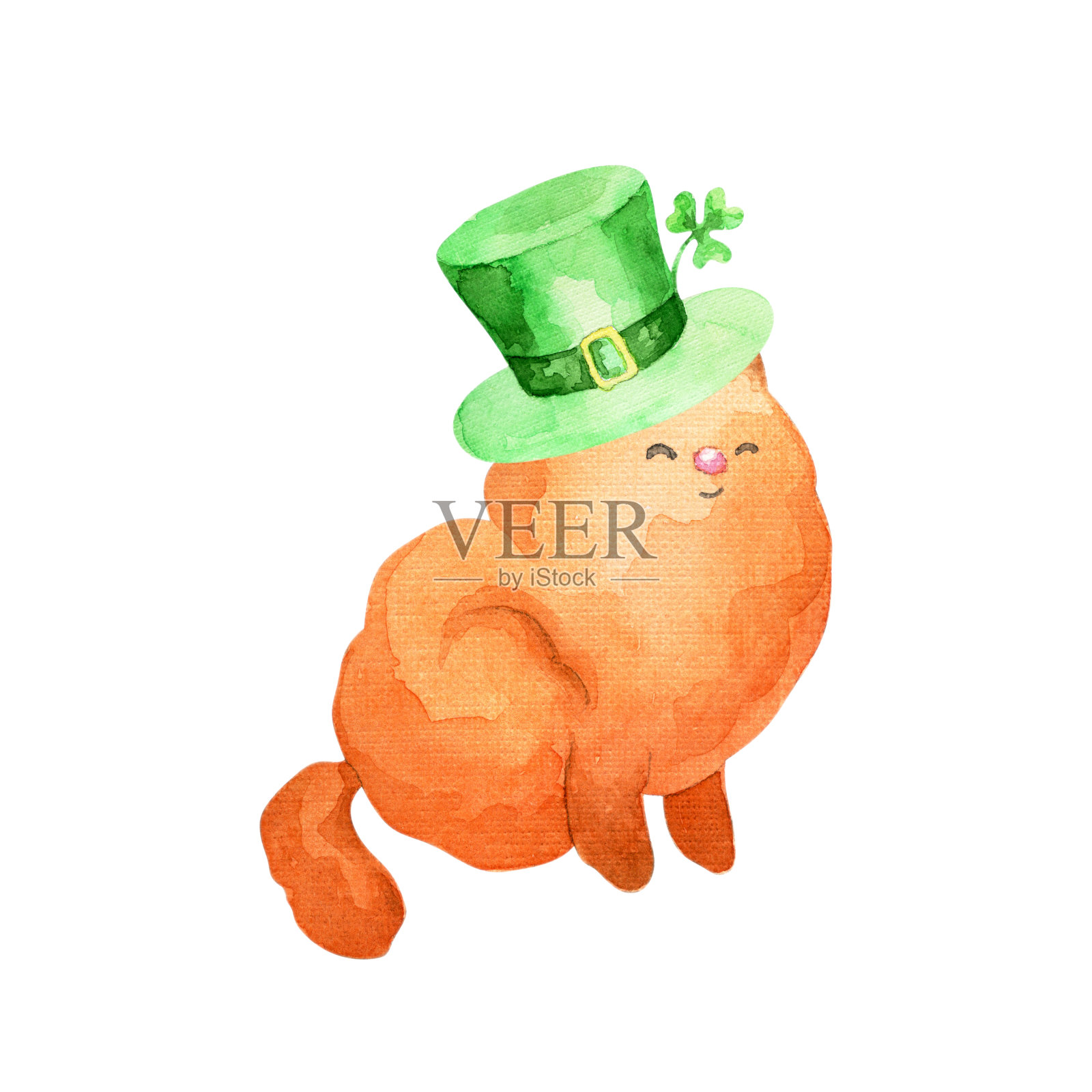 帕特里克天水彩插图。戴着小矮妖帽子的手绘红猫。插画图片素材