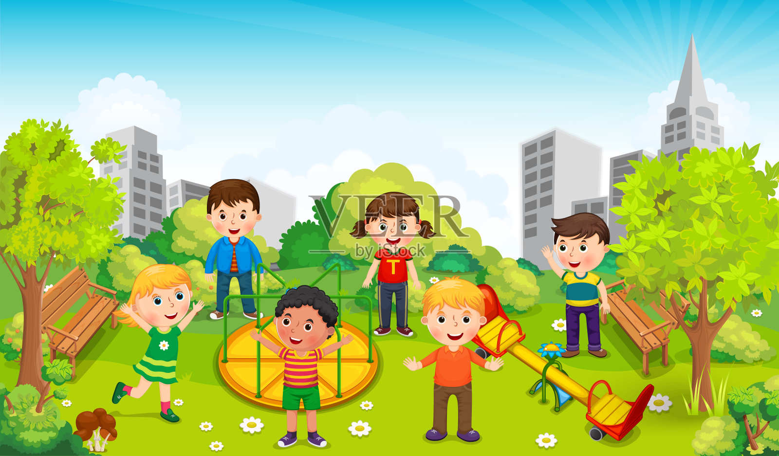 孩子们在公园中央以城市为背景玩耍。插图插画图片素材