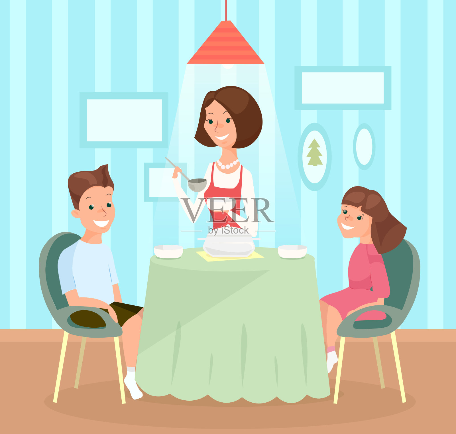 矢量插图的家庭膳食。母亲把汤倒在孩子的盘子里，儿子和女儿一起坐在桌子上吃午饭。快乐的女孩和男孩，姐姐和哥哥与妈妈在平面卡通风格。插画图片素材