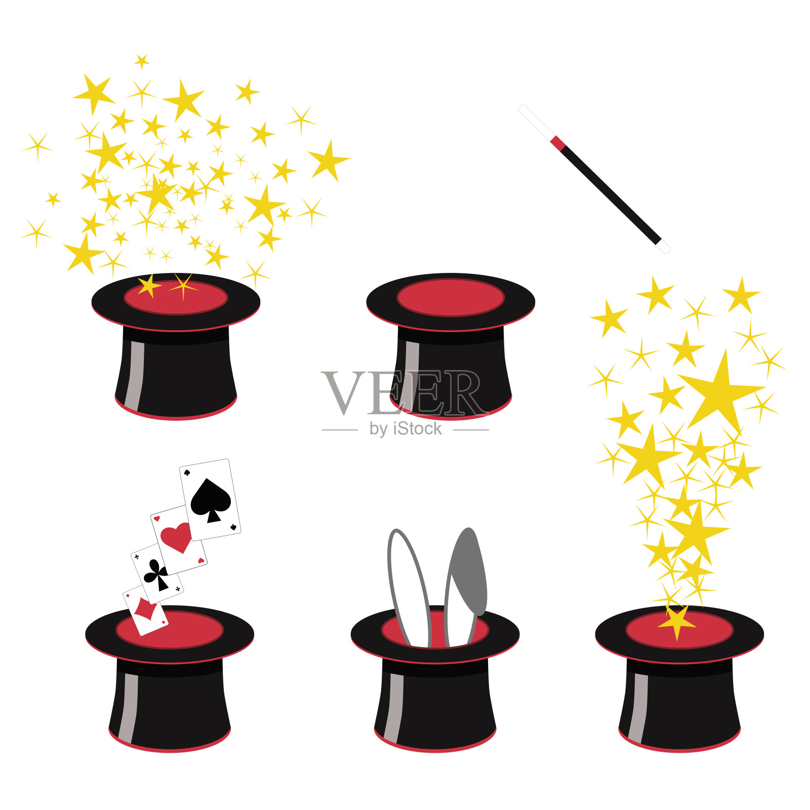魔术剪辑艺术- 5黑和红魔术师顶帽子与星星，扑克牌，兔子耳朵，魔术棒。插画图片素材