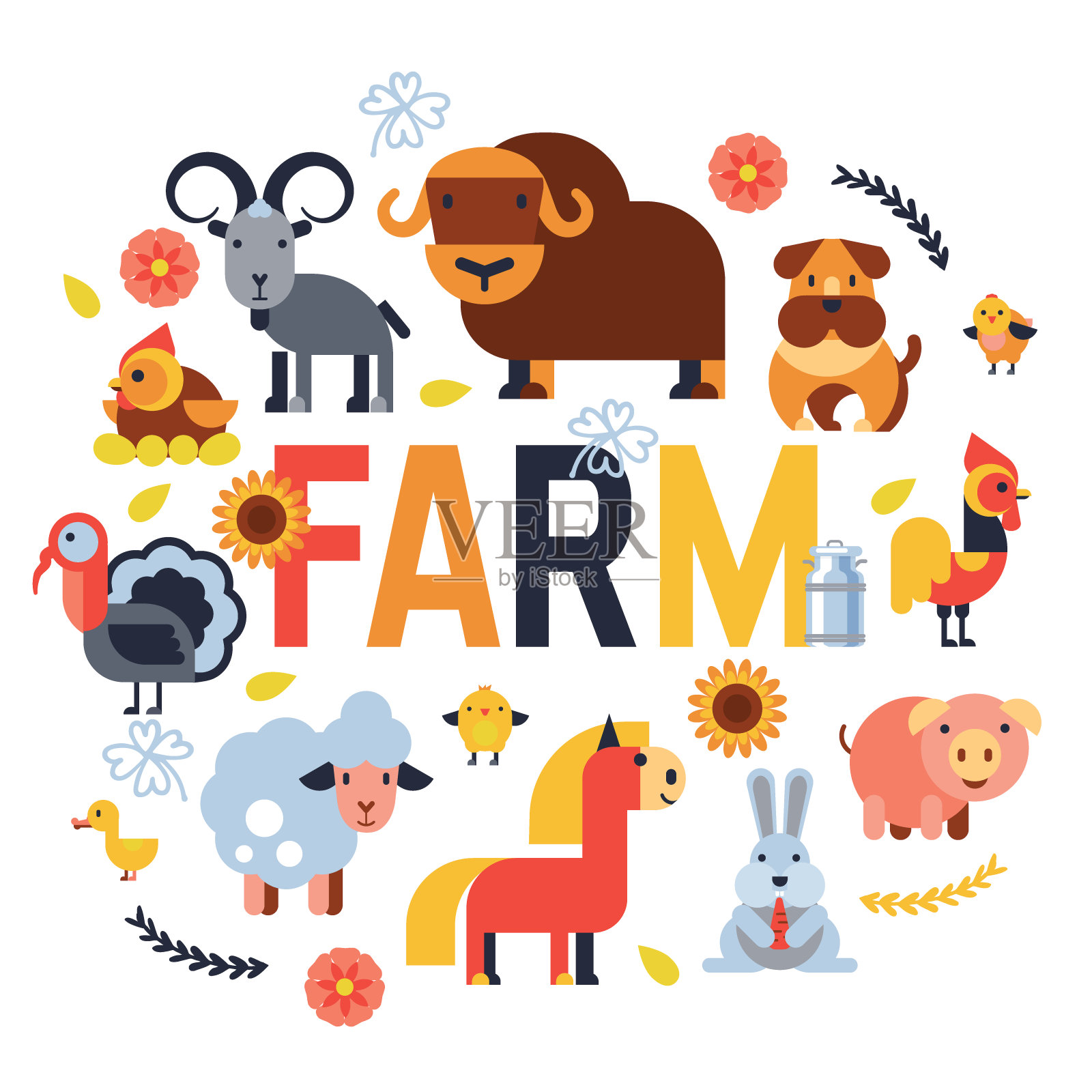 农场动物载体设置家畜养殖人物牛和羊，猪，火鸡，狗，马和猫农民动物插图孤立在白色的背景插画图片素材