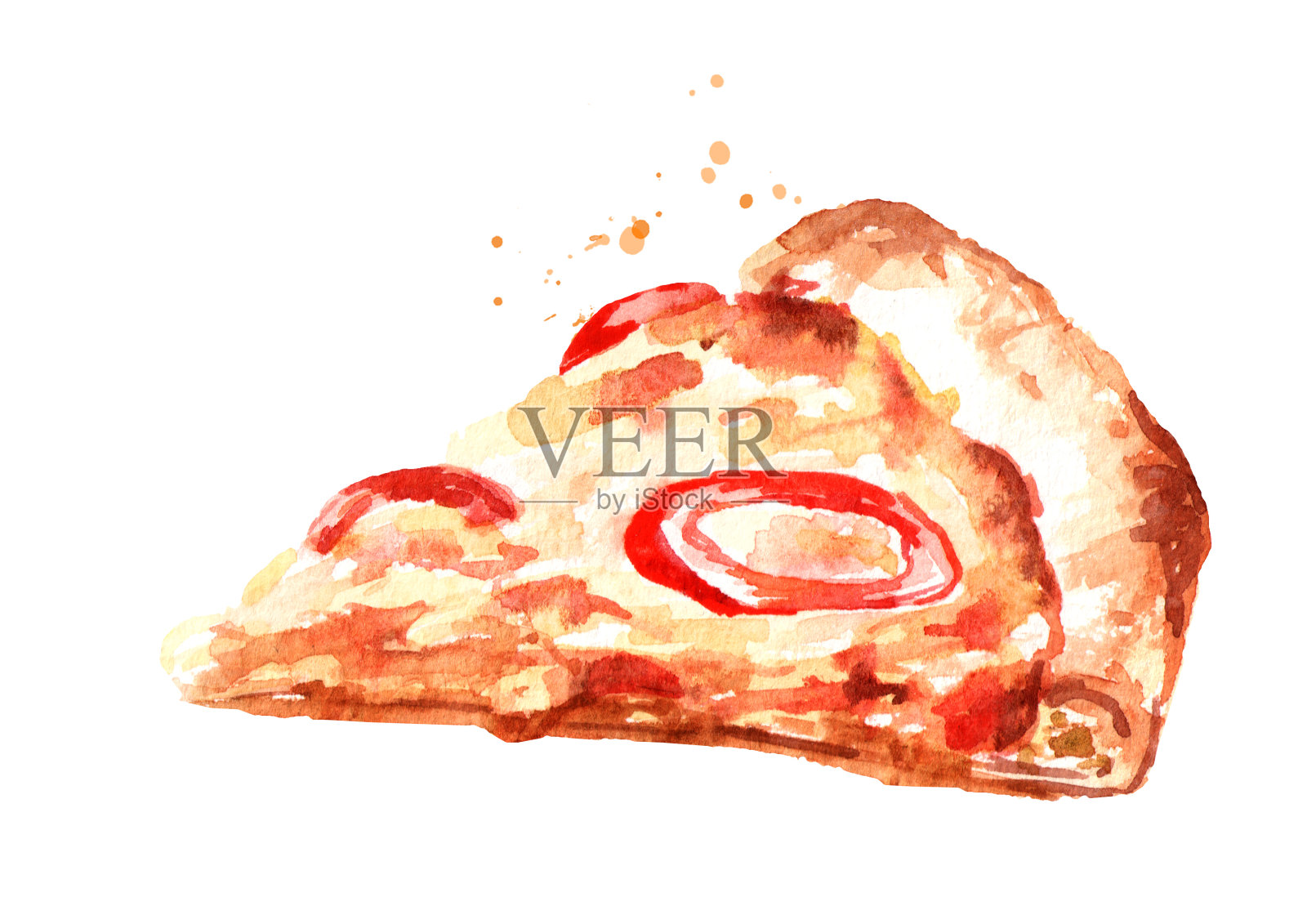 一片美味的新鲜热披萨。水彩手绘插图孤立的白色背景插画图片素材