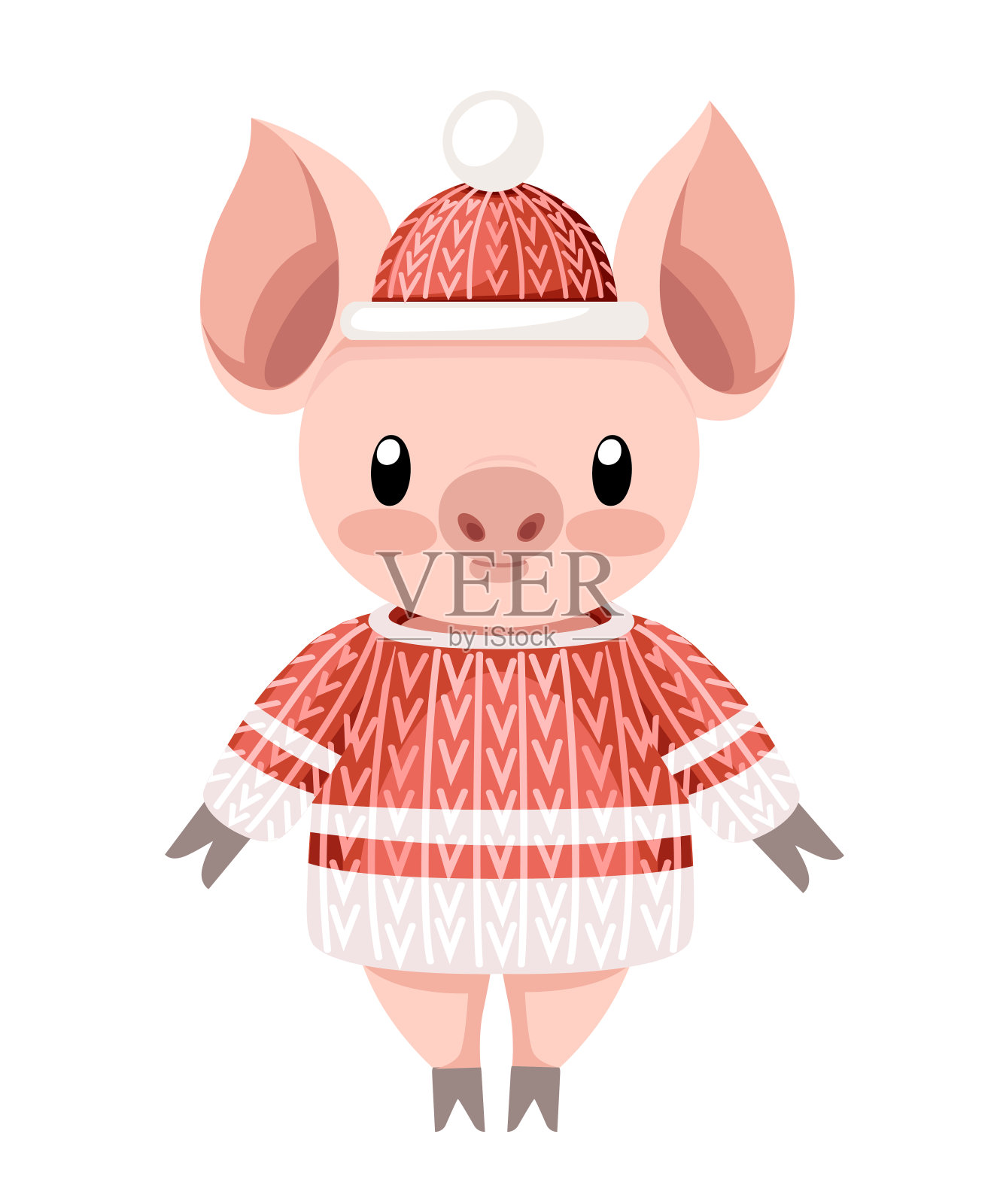 可爱的猪。卡通人物设计。小坑，针织红毛衣和帽子。粉色的动物吉祥物和冬装。平面矢量插图孤立在白色背景设计元素图片