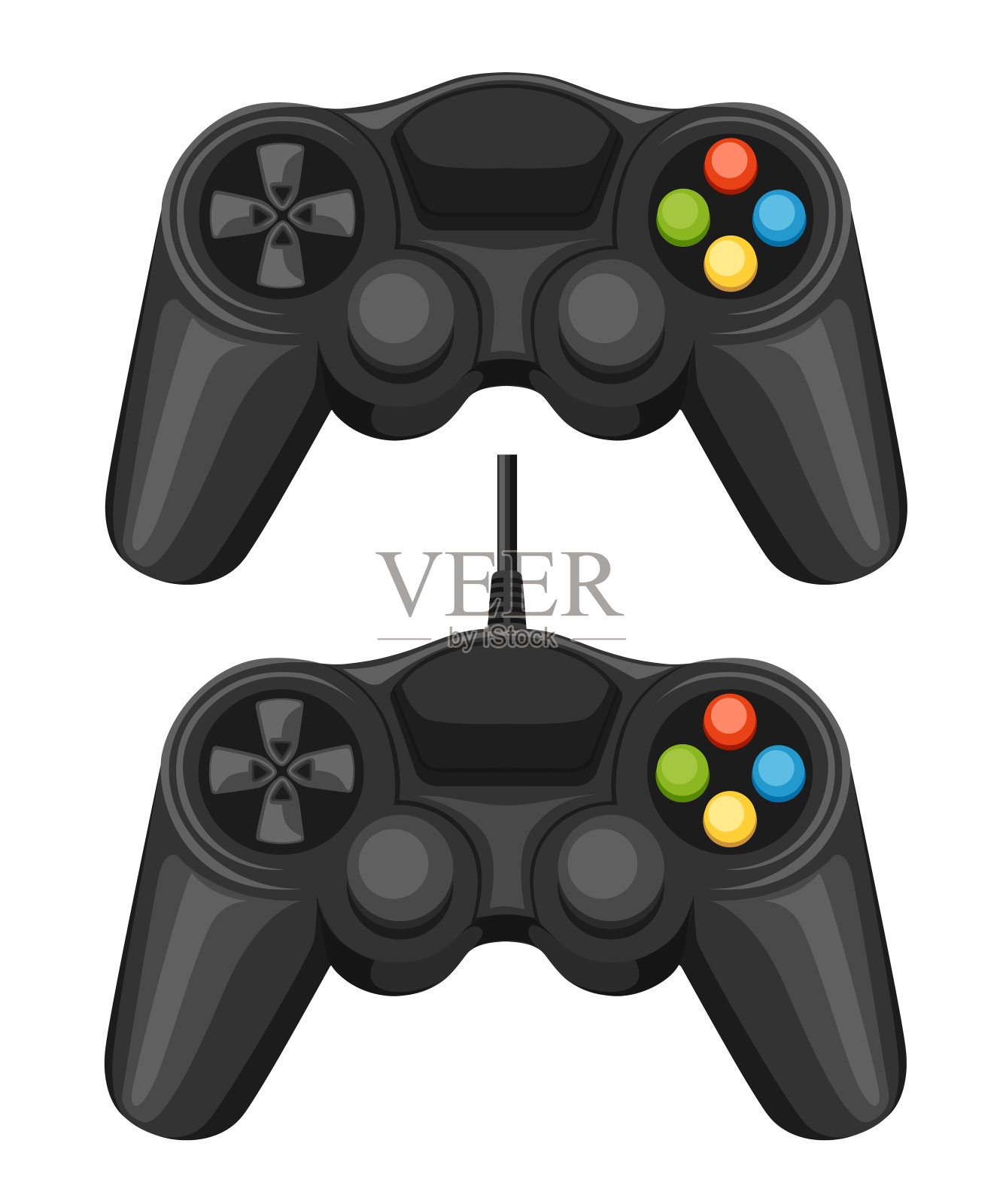 有线和无线游戏板。黑色视频游戏控制器。用于PC或主机游戏的手柄。平面矢量插图孤立在白色背景设计元素图片