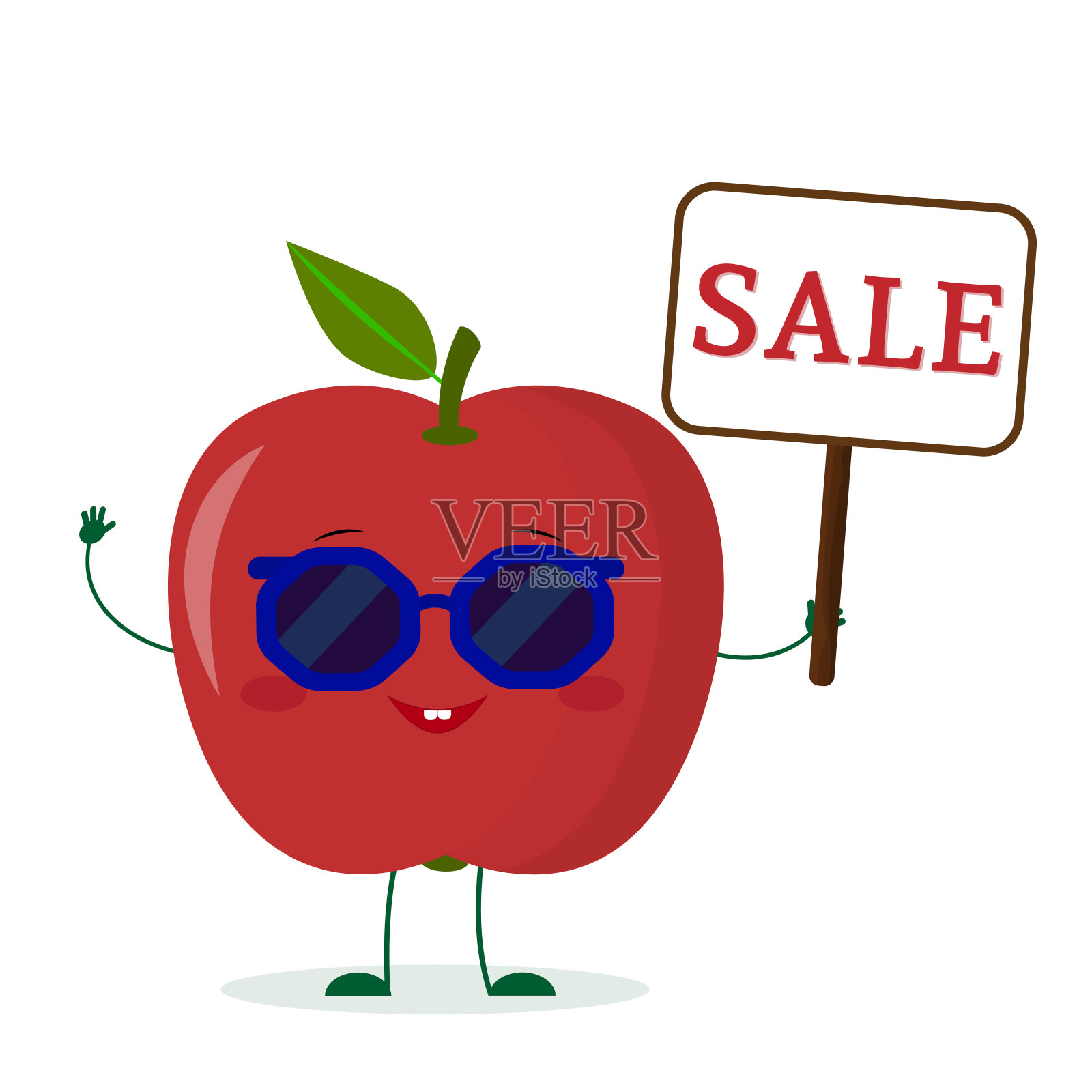 可爱的红苹果卡通人物戴着太阳镜，挂着促销标志。矢量插图，平面风格设计元素图片