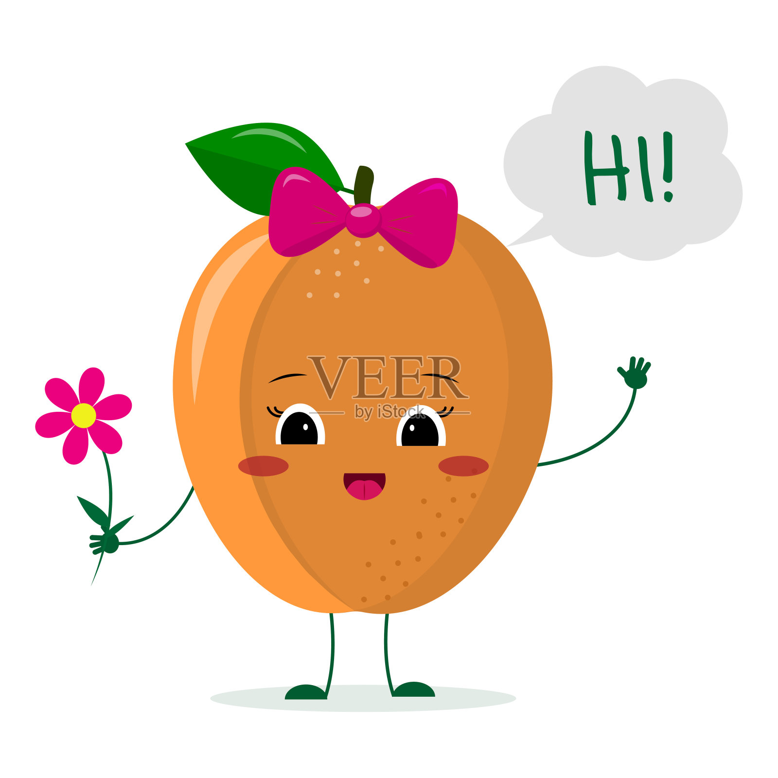 可爱的成熟杏卡通人物与一个粉红色的蝴蝶结拿着一朵花和欢迎。标志,模板,设计。矢量插图，平面风格插画图片素材