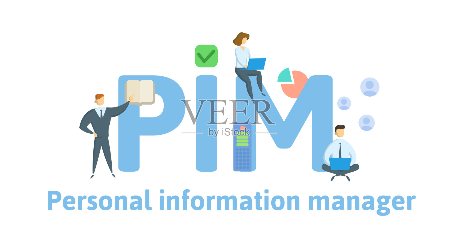 PIM，个人信息经理。概念与关键字，字母和图标。平面矢量图。孤立在白色背景上。插画图片素材