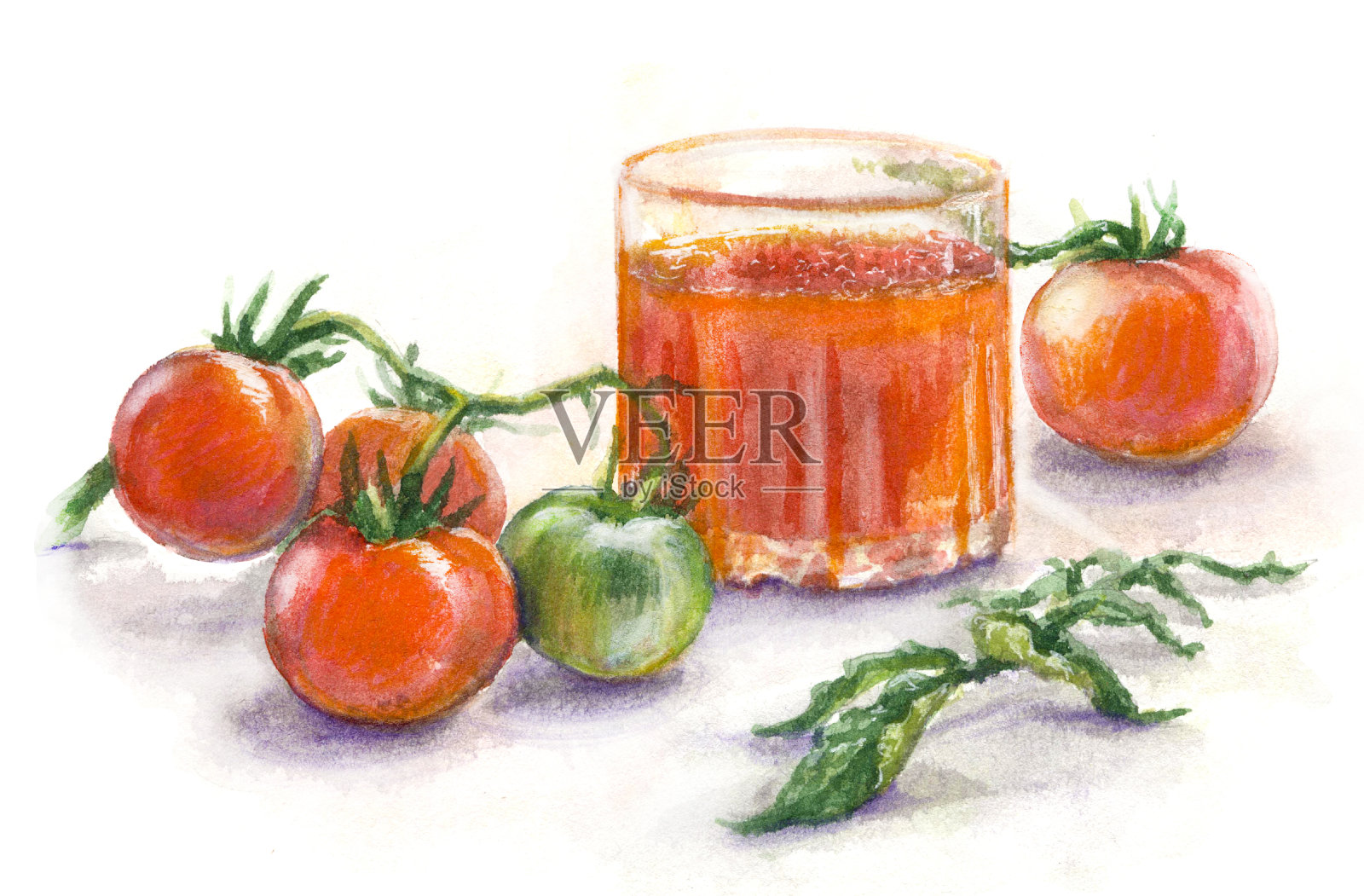 水彩杯的果汁和西红柿插画图片素材