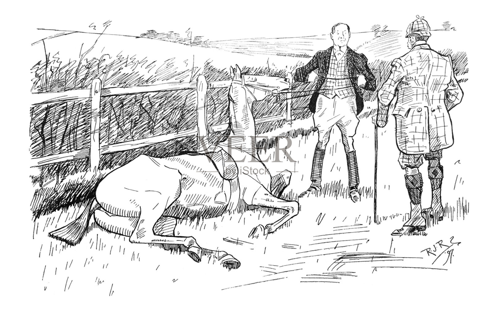 英国讽刺漫画卡通插图-两个男人与马拒绝起来-插图插画图片素材