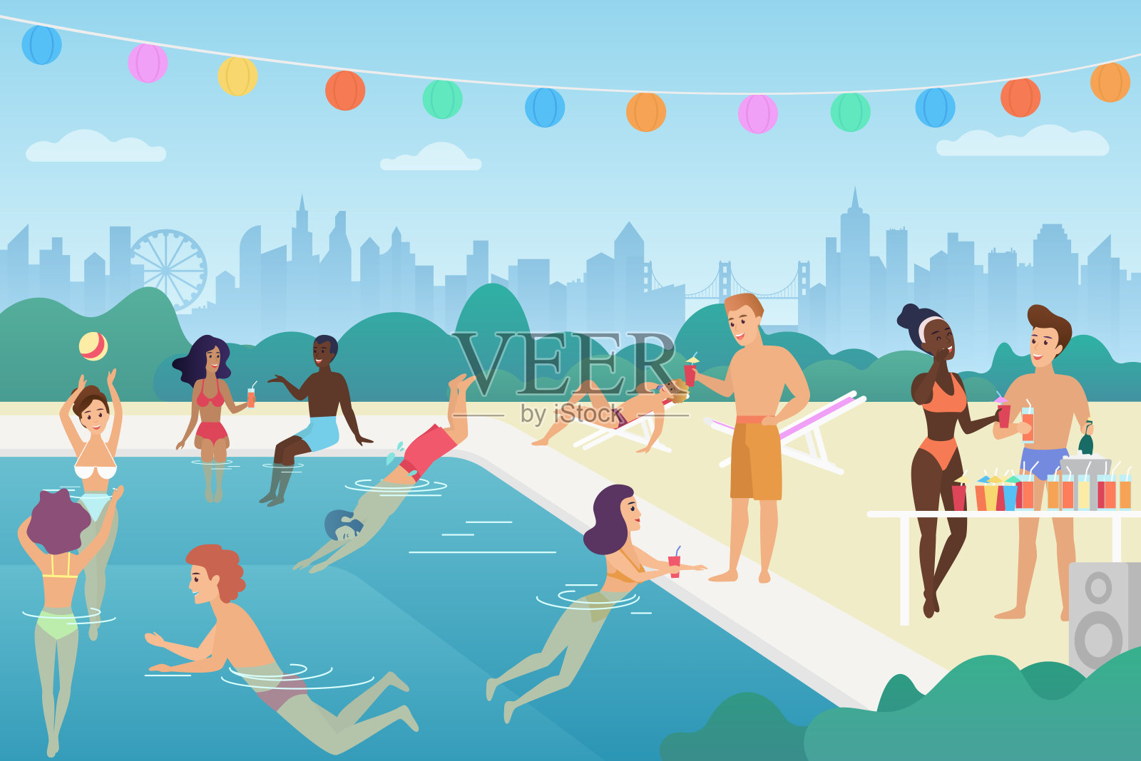 快乐的男人和女人在游泳池里游泳，聊天，玩球，享受时间，在露天游泳池夏季派对上玩得很开心。五颜六色的矢量插图。插画图片素材
