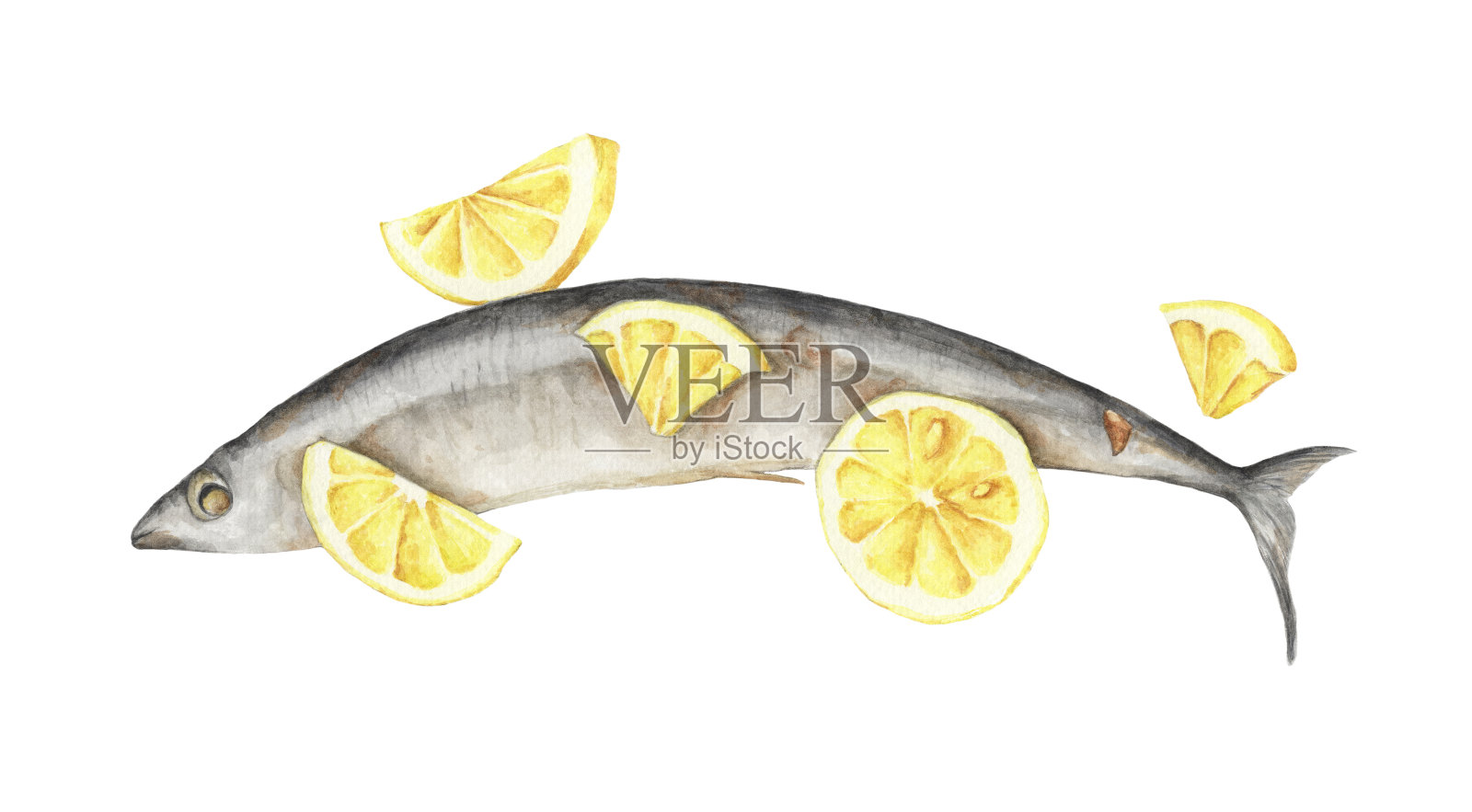 烤鱼与柠檬孤立在白色背景。水彩。插画图片素材