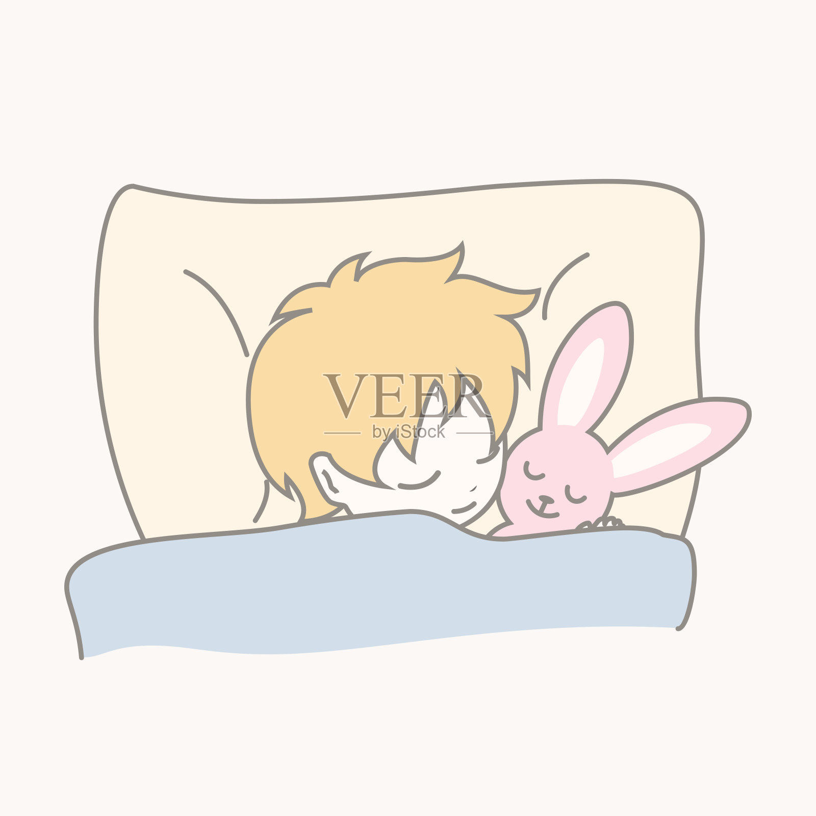 可爱的宝宝抱着兔子睡觉插画图片素材