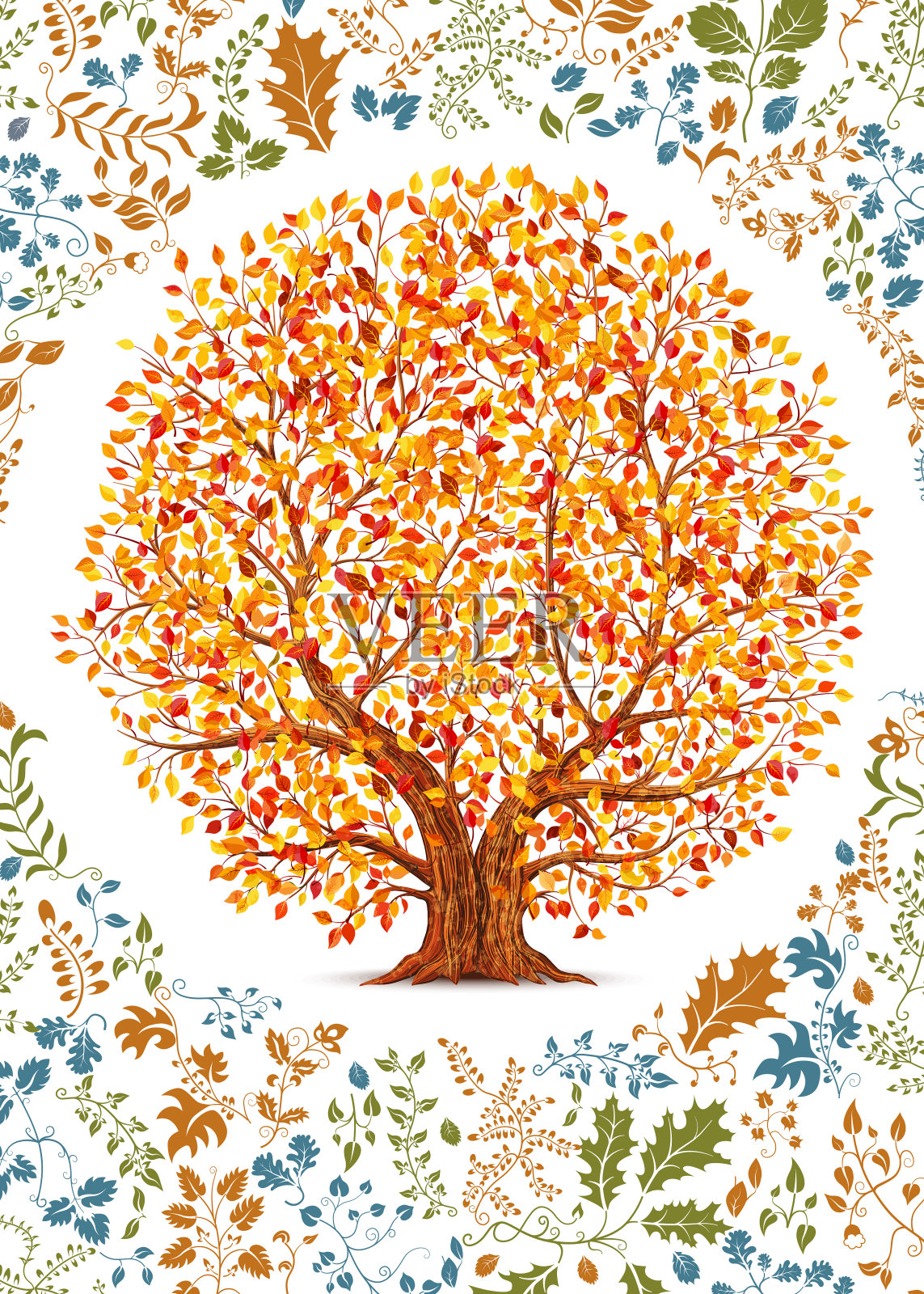 花卉手册模板与秋天的树插图插画图片素材