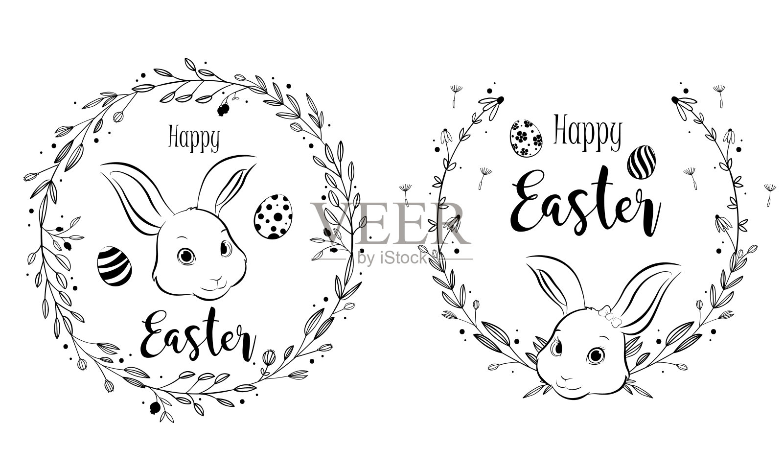 复活节快乐兔子与花圈框架，手绘风格。矢量图插画图片素材