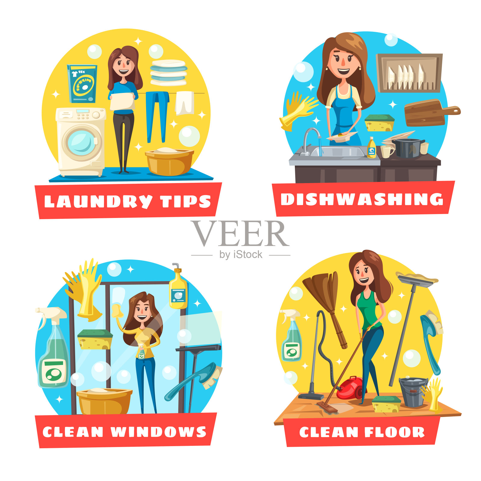 擦窗户和地板，洗衣服和洗碗插画图片素材