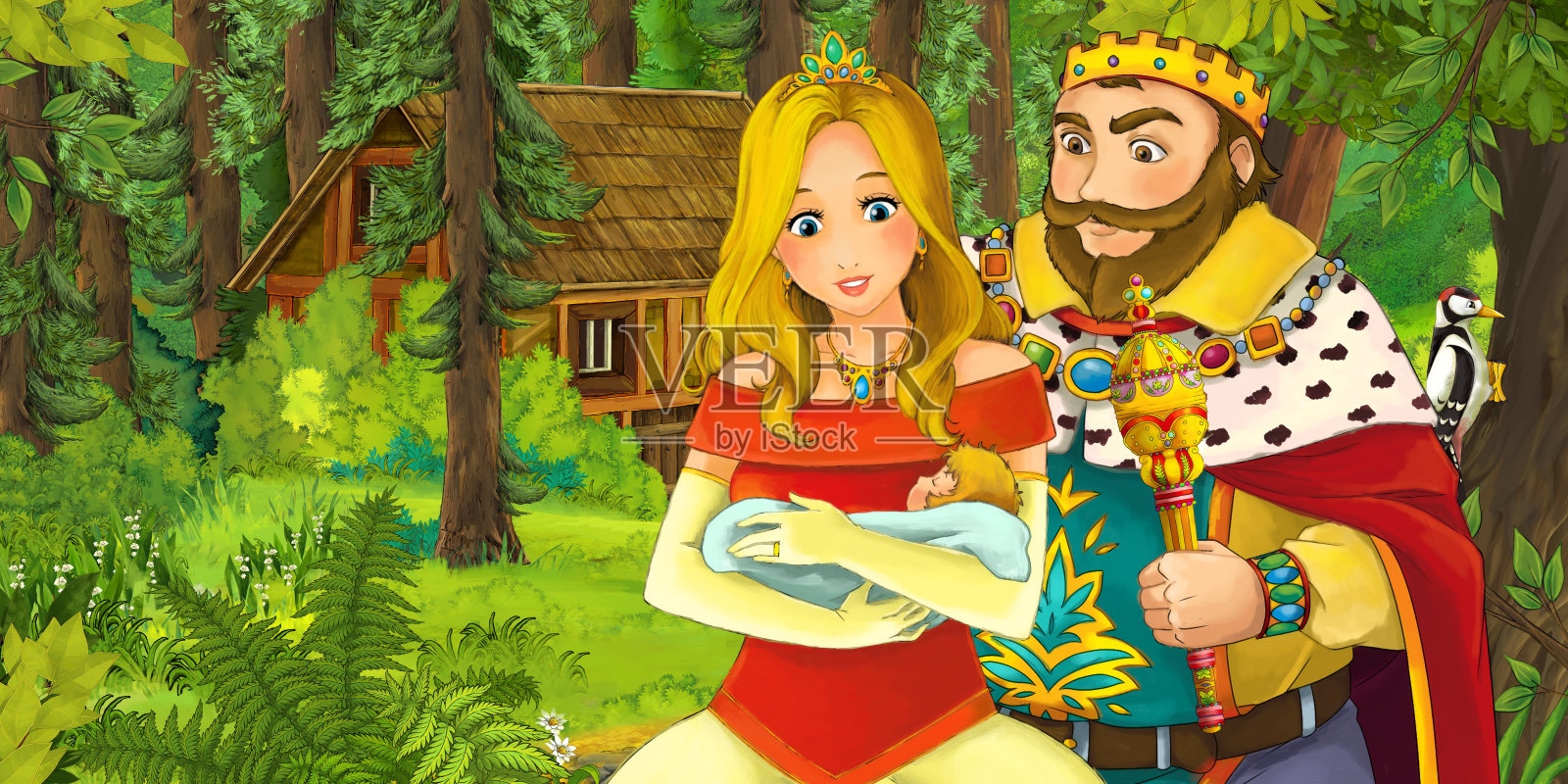 卡通场景与皇家夫妇在森林附近一些隐藏的木屋插画图片素材