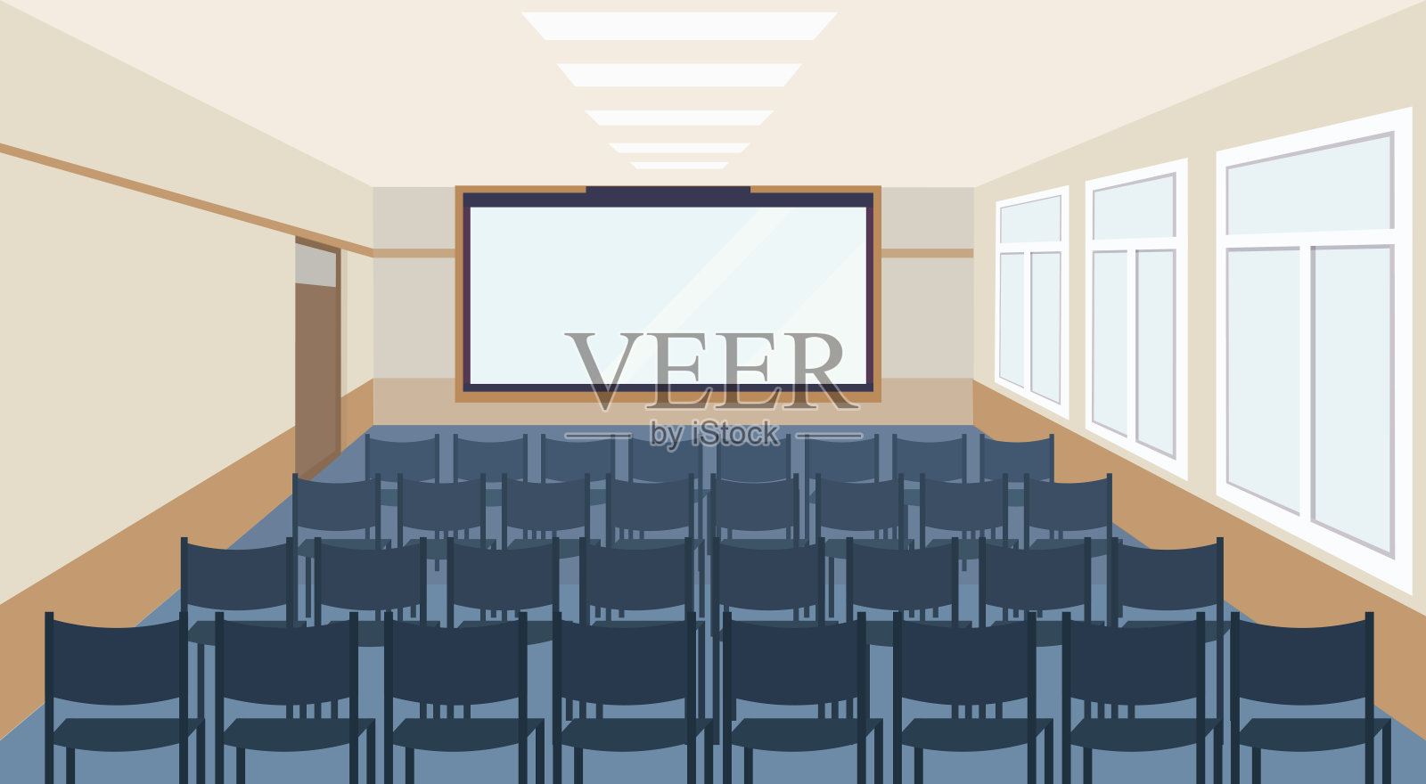 现代化的会议会议室，室内配有蓝色的椅子和空白屏幕的讲座、研讨厅，坐位大，空无一人插画图片素材