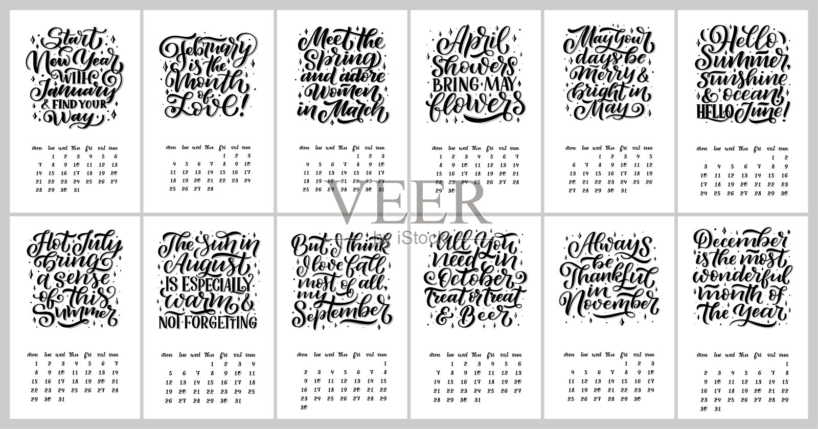 矢量日历为2 0 1 9个月。手绘字母报价日历设计。手绘的风格设计模板素材