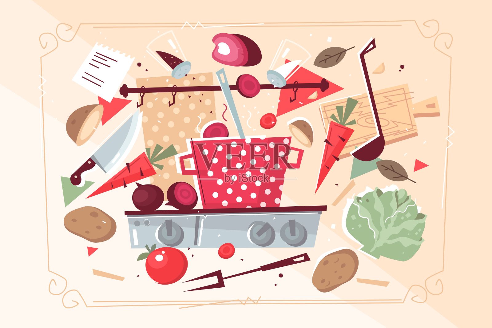 厨房模式与食物和厨房用具插画图片素材