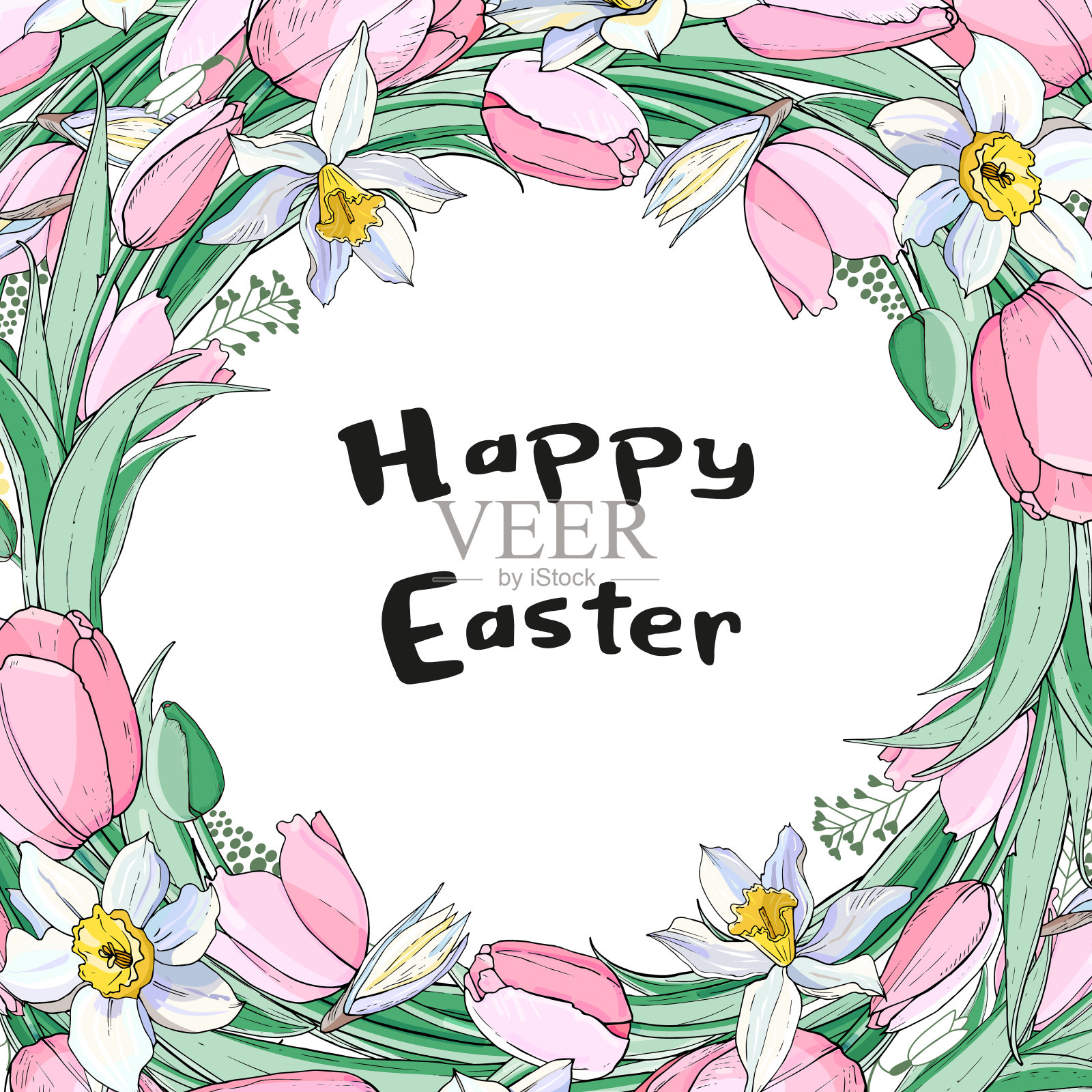股票向量花卉春季复活节贺卡。美丽的花框架从粉红色郁金香和水仙花与文字。插画图片素材
