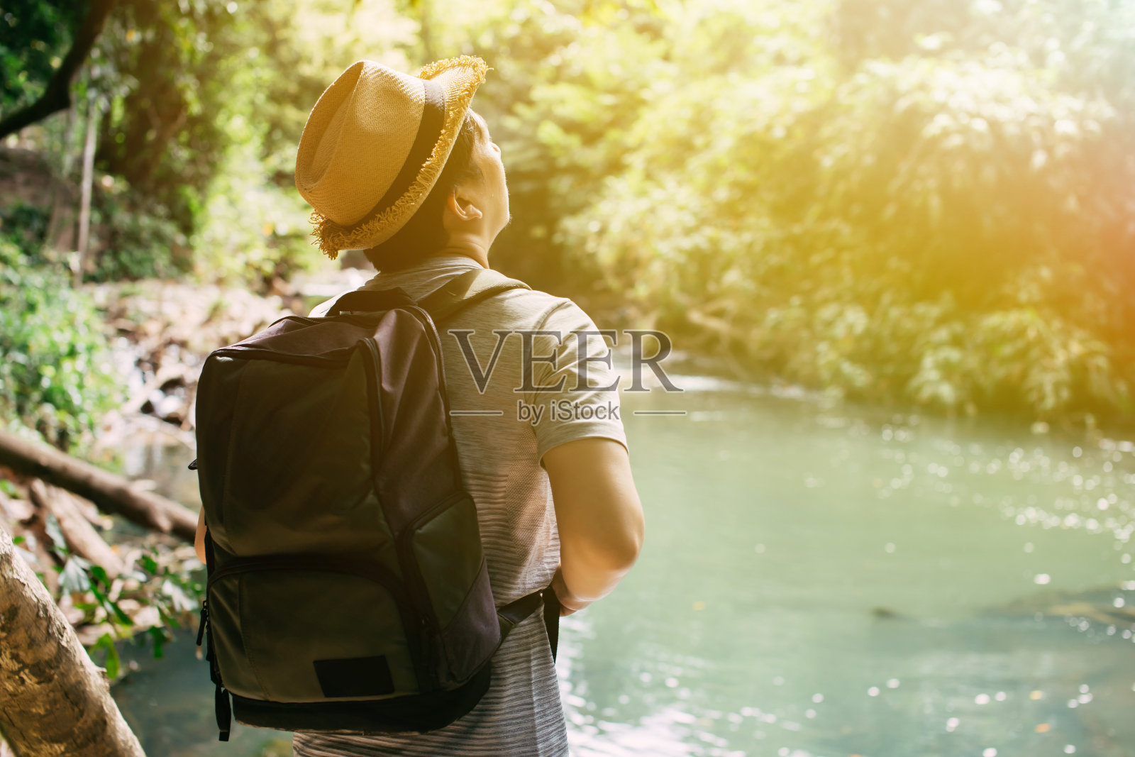 背部年轻的亚洲男性旅行背包客与帽子和背包旅行在绿色的森林丛林冒险的生活方式照片摄影图片
