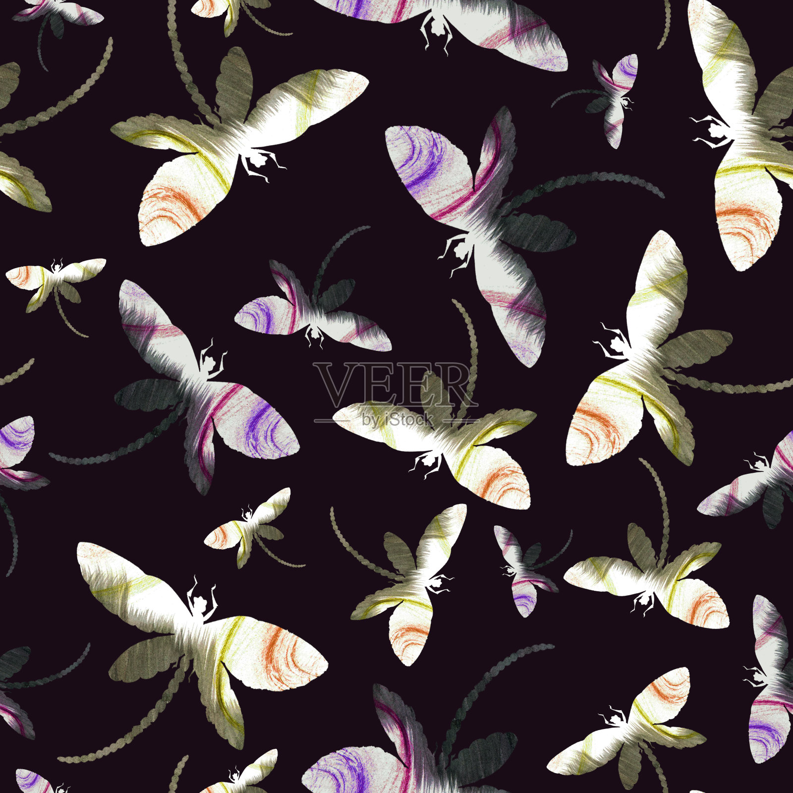 抽象蜻蜓与紫色和灰色纹理在深蓝色的背景插画图片素材