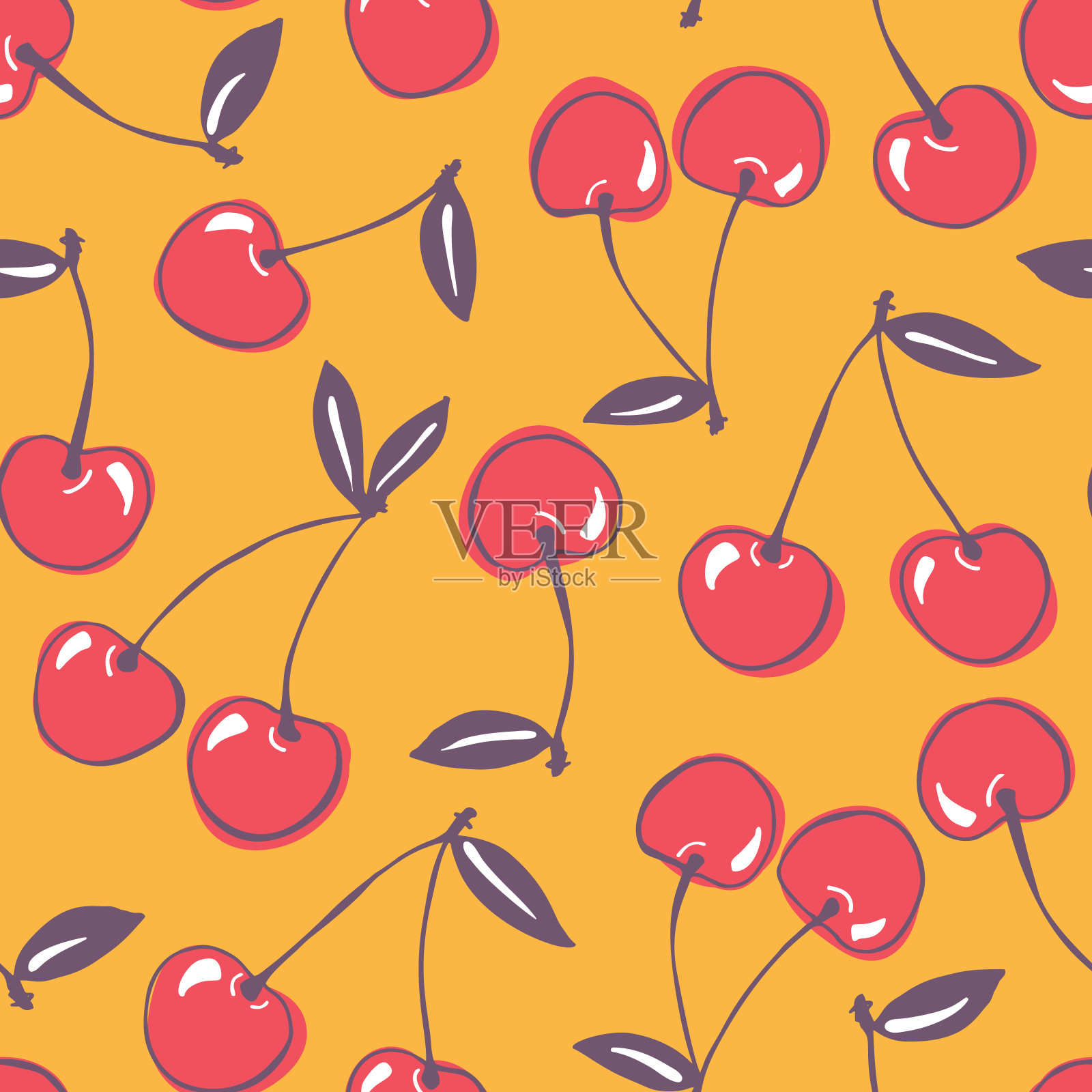异想天开的手绘涂鸦樱桃矢量无缝图案背景。五彩缤纷的夏日水果插画图片素材