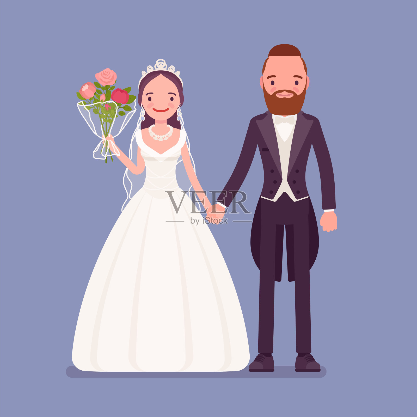 幸福的新娘和新郎牵手在婚礼上插画图片素材