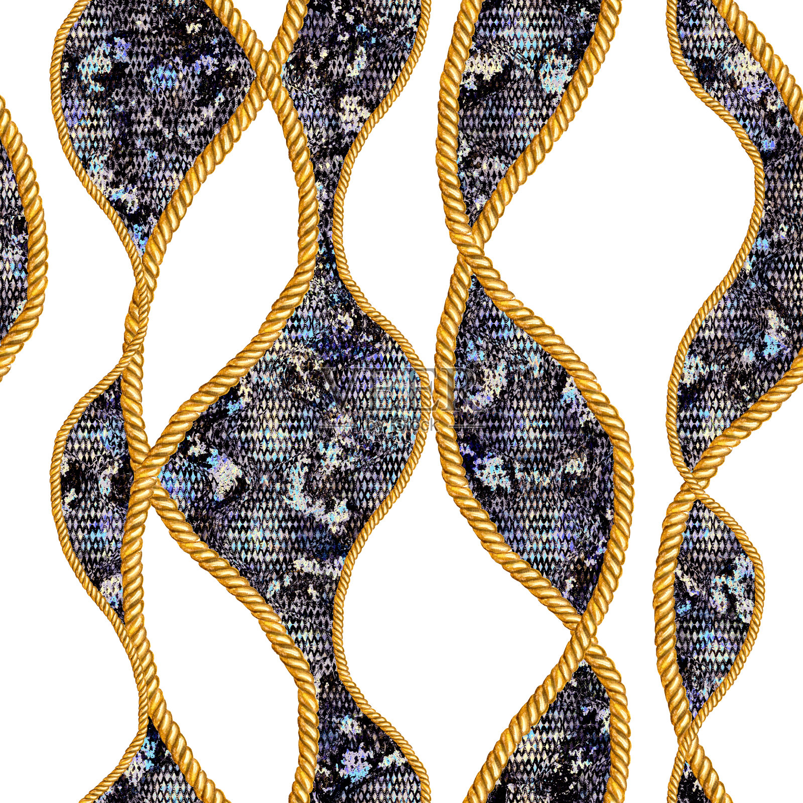 金链绳魅力蛇皮无缝图案插图。水彩纹理与金色链条绳。插画图片素材