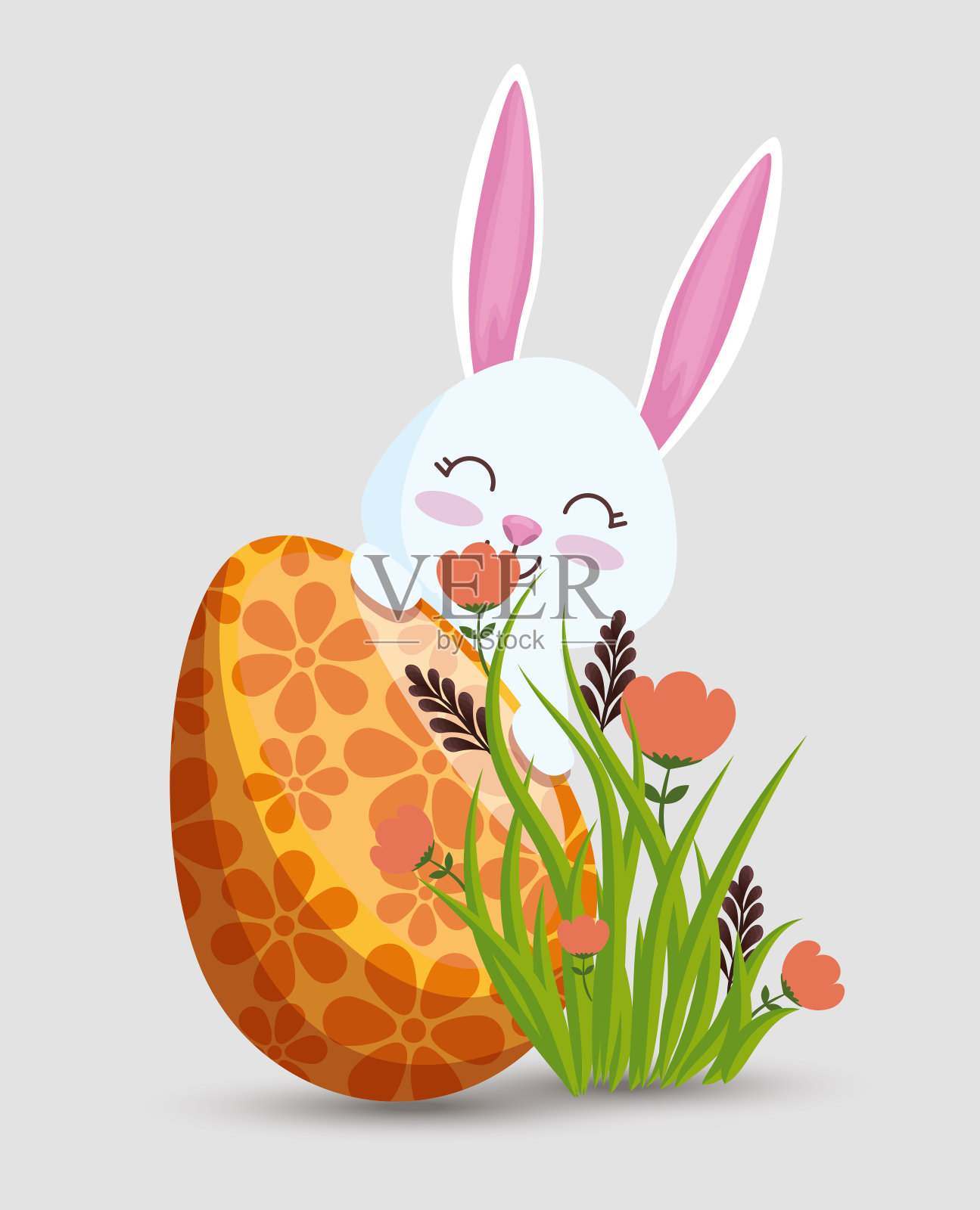 快乐的兔子用蛋和花装饰插画图片素材