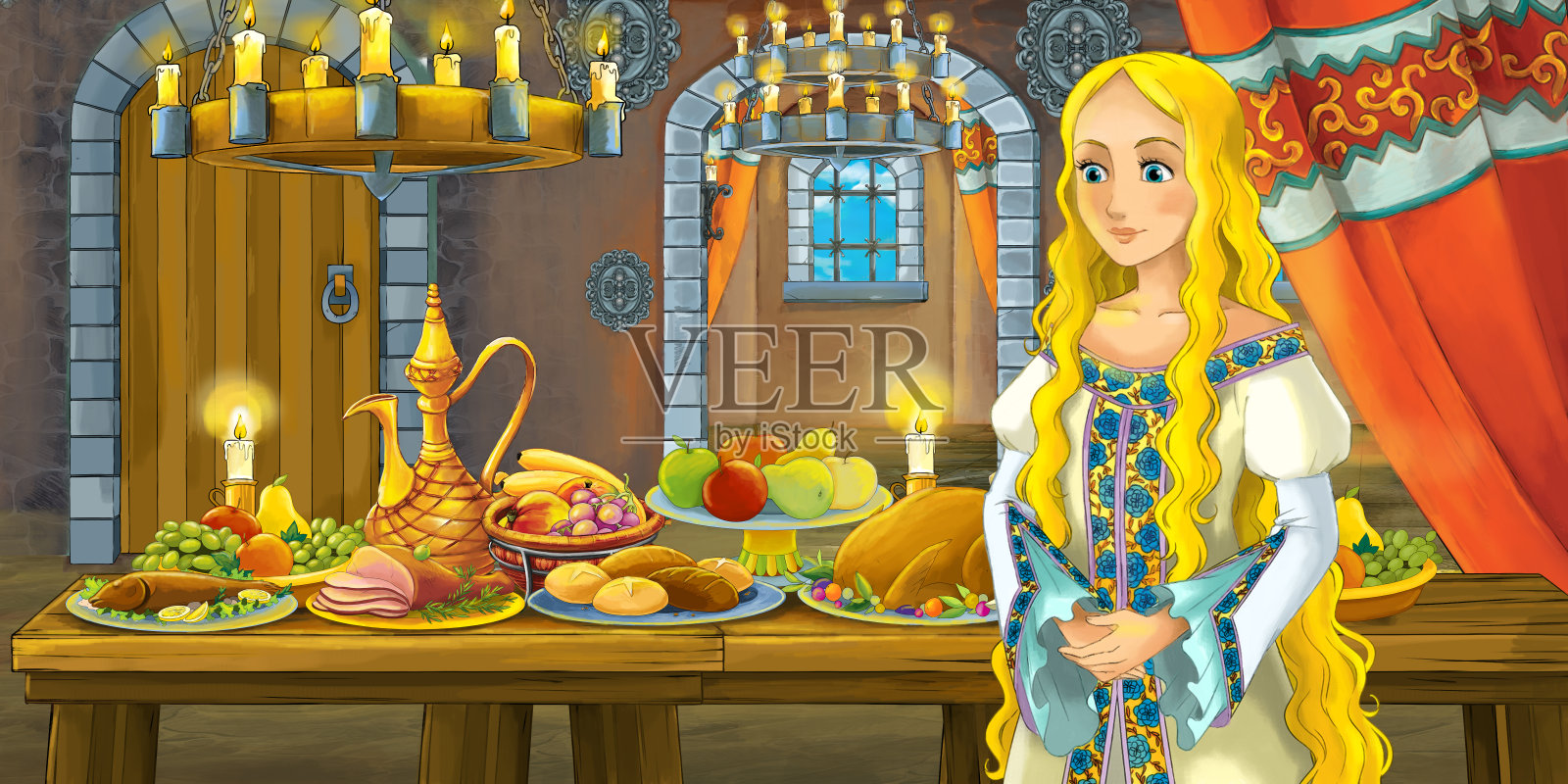 卡通童话场景中，公主坐在摆满食物的桌子旁插画图片素材
