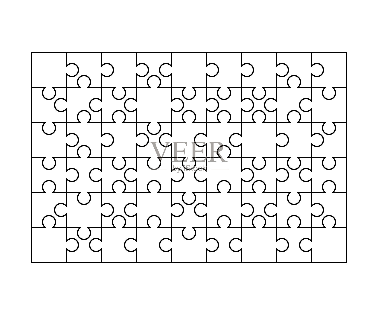 54块白色拼图排列成矩形。拼图拼图模板准备打印。白色的切割指引插画图片素材