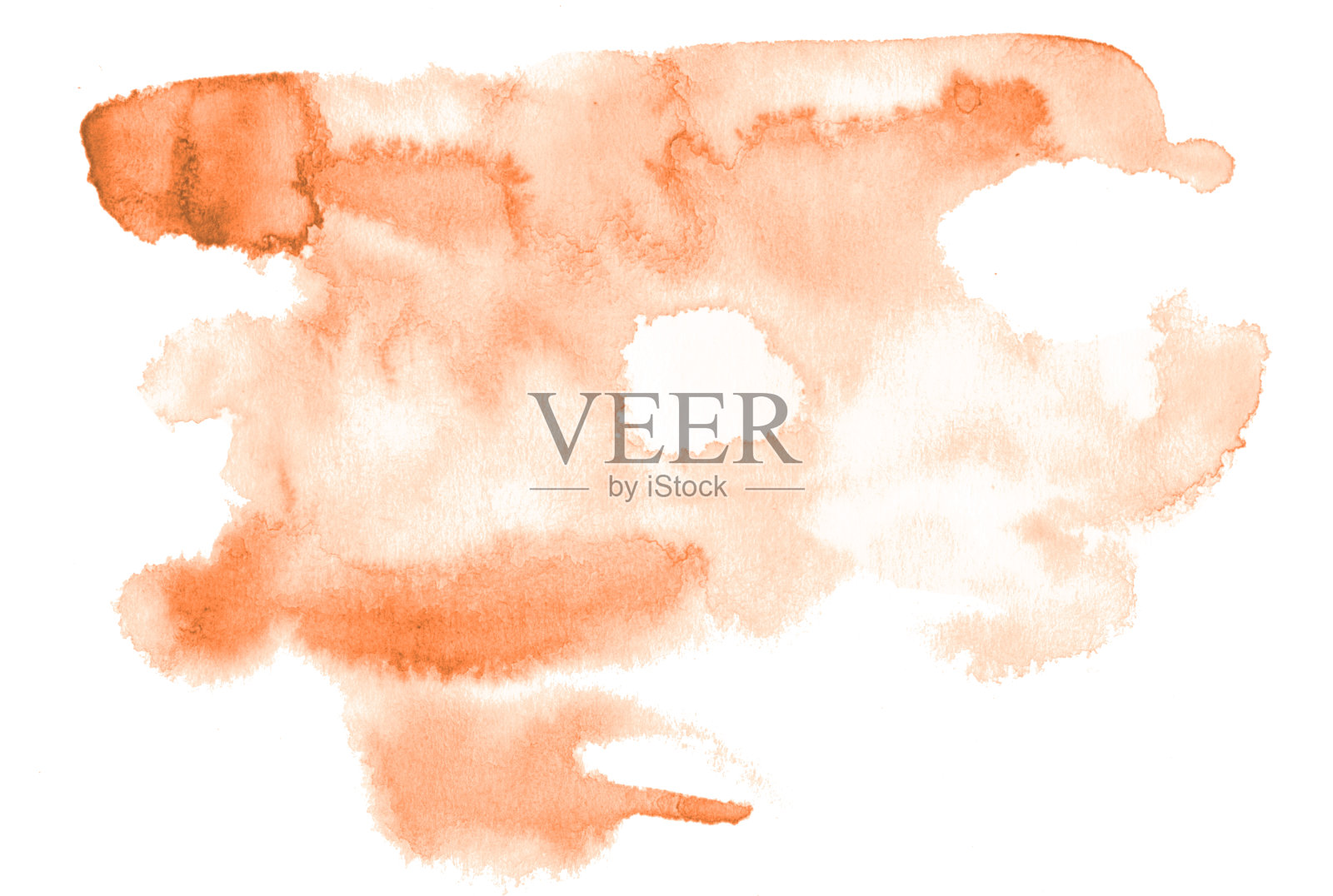 浅橙色水彩手绘孤立洗污渍在白色背景的文字，设计。由刷子抽象纹理制成的壁纸、标签。照片摄影图片
