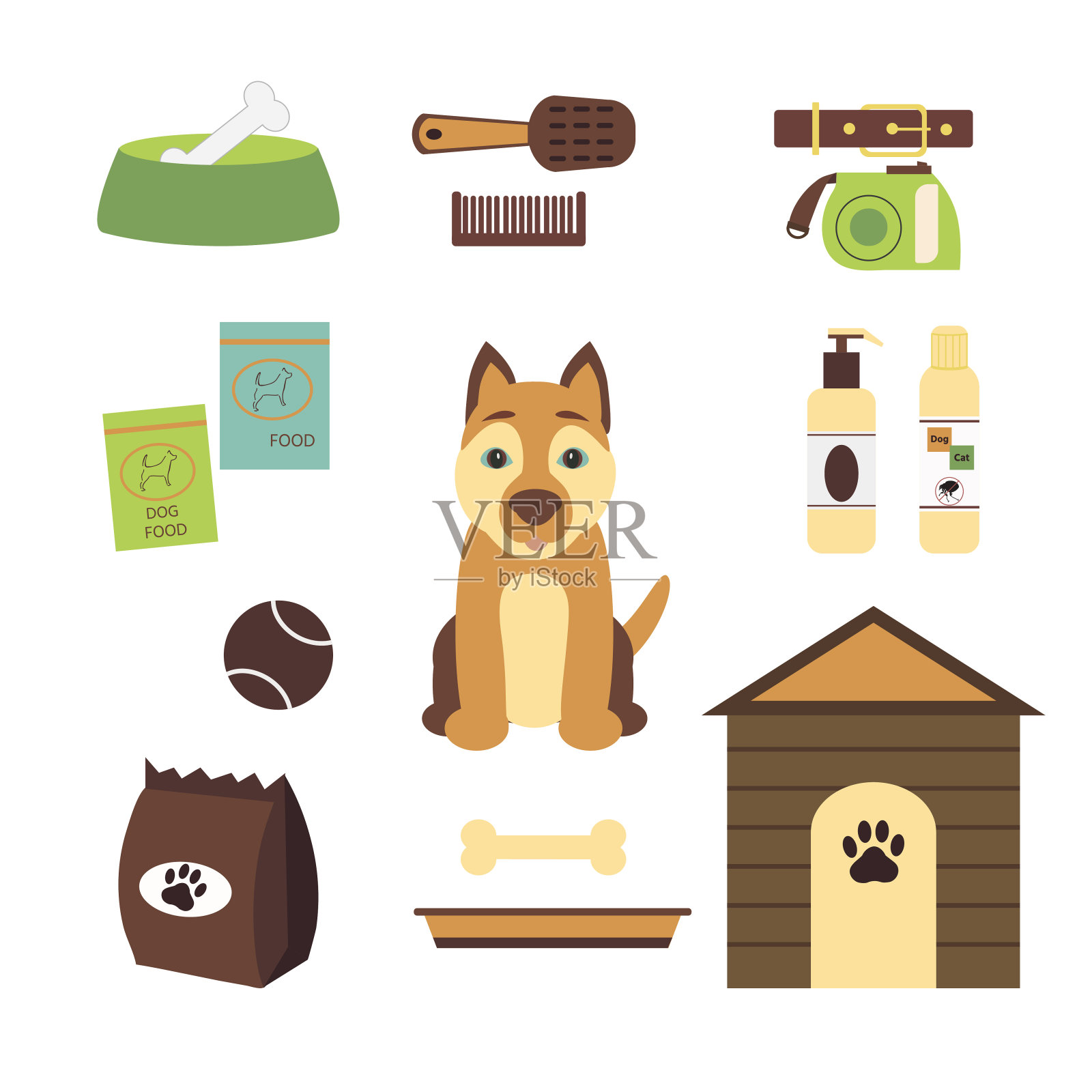 各种宠物用品(食品、洗发水、碗、玩具、球)，一套。插画图片素材