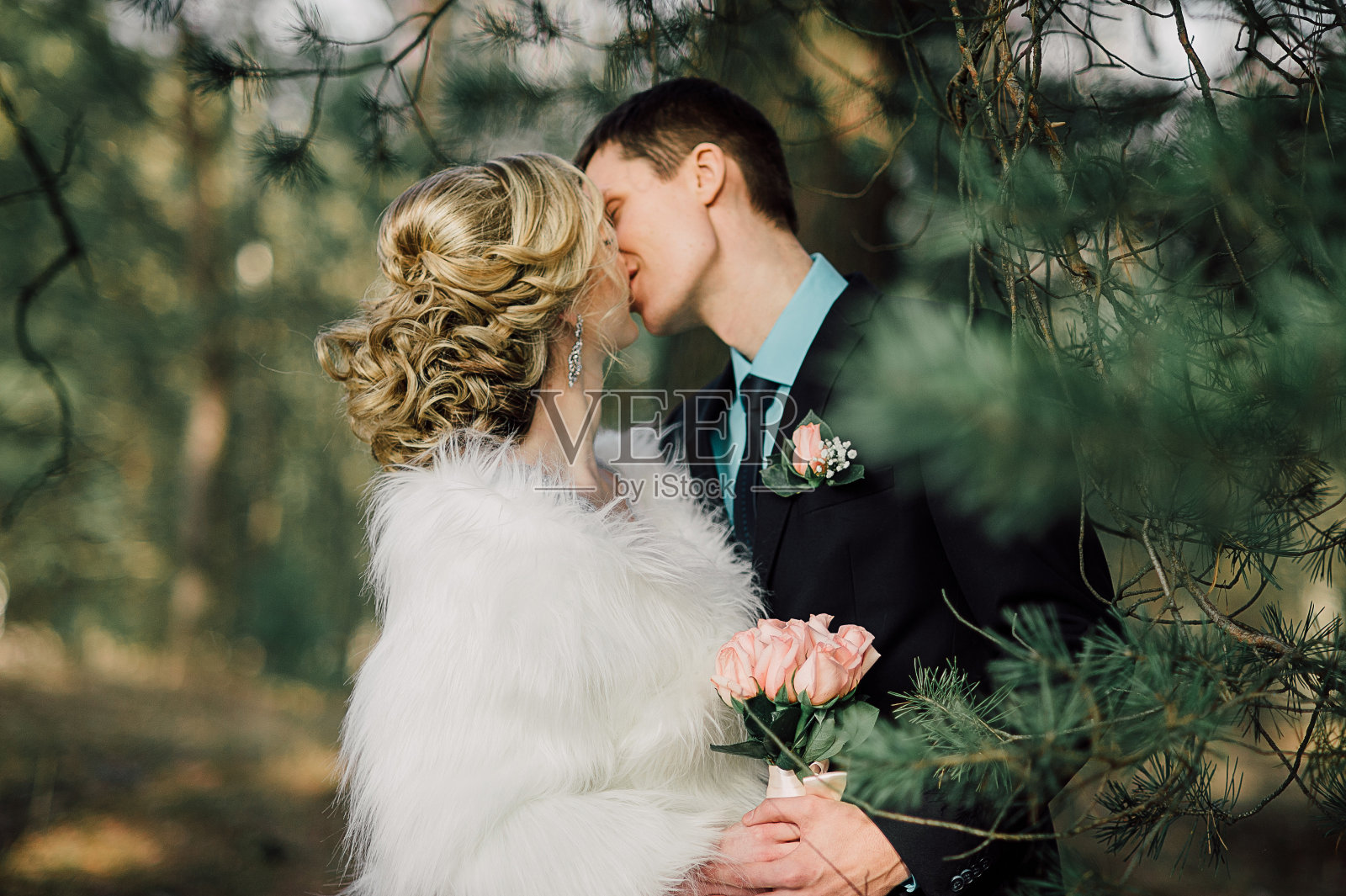 新娘和新郎在公园接吻。一对新婚夫妇新娘和新郎在一个婚礼在自然绿色的森林正在亲吻照片肖像。婚礼的夫妇照片摄影图片