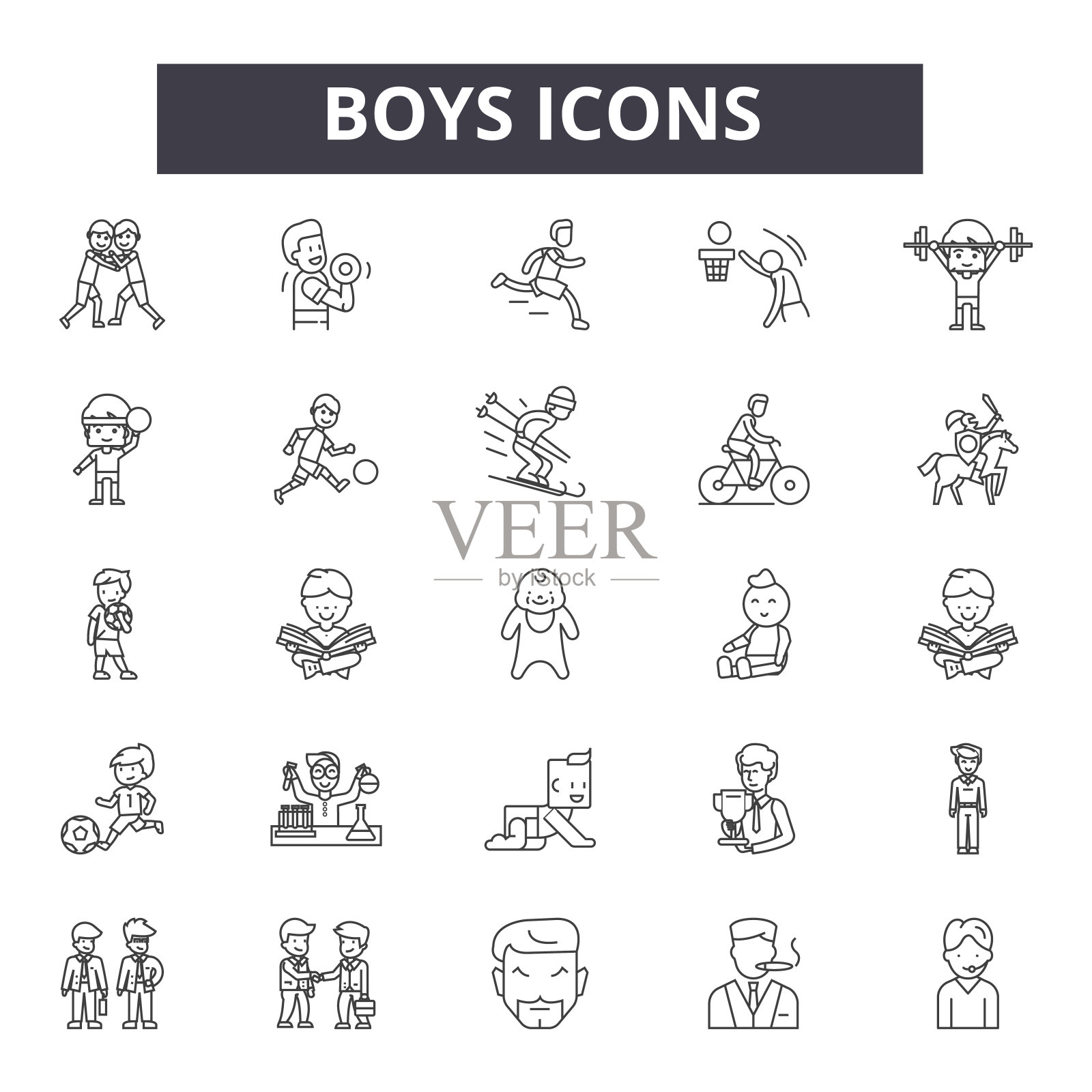 男孩线图标的网页和移动设计。可编辑的笔画符号。男孩轮廓概念插图图标素材