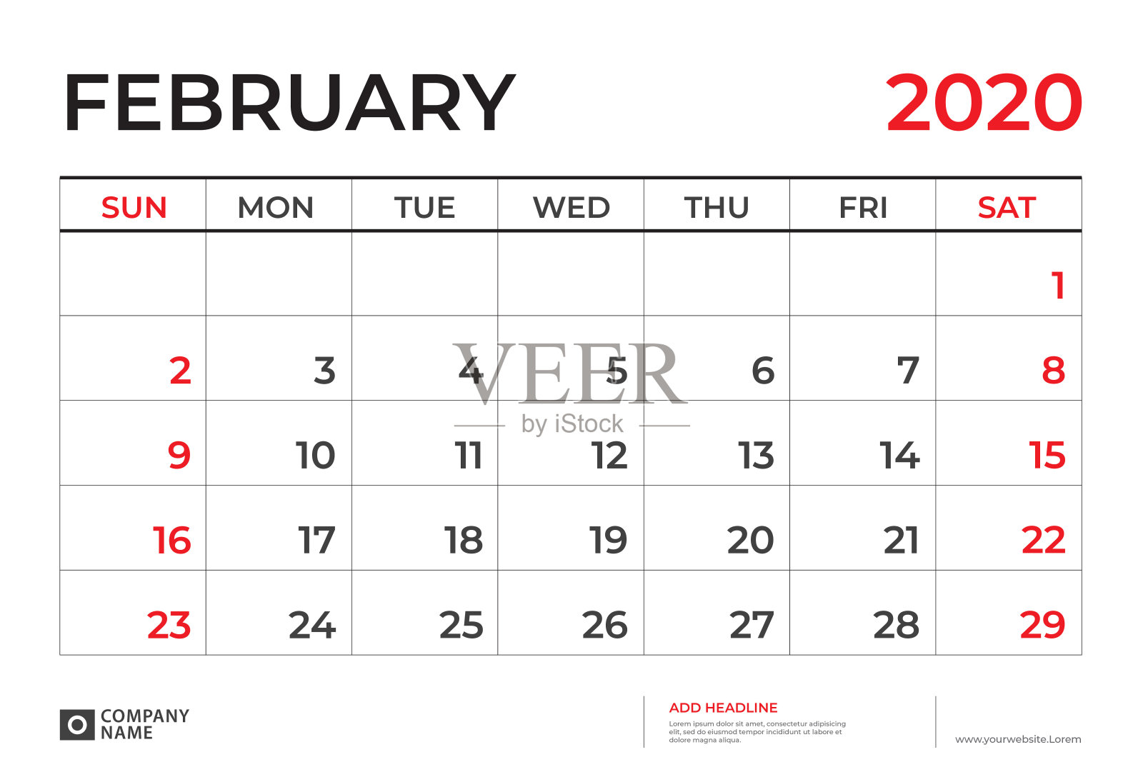2020年1月日历模板，台历布局大小9.5 x 6.5英寸，计划表设计，周日开始，文具设计，矢量Eps10插画图片素材