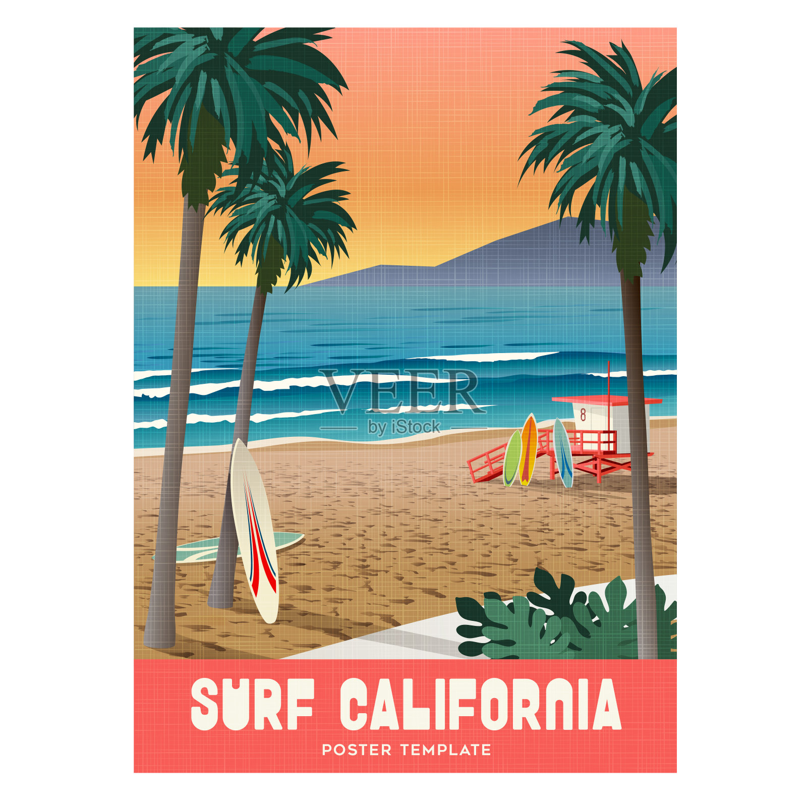加州冲浪旅游海报与日落和棕榈树。插画图片素材