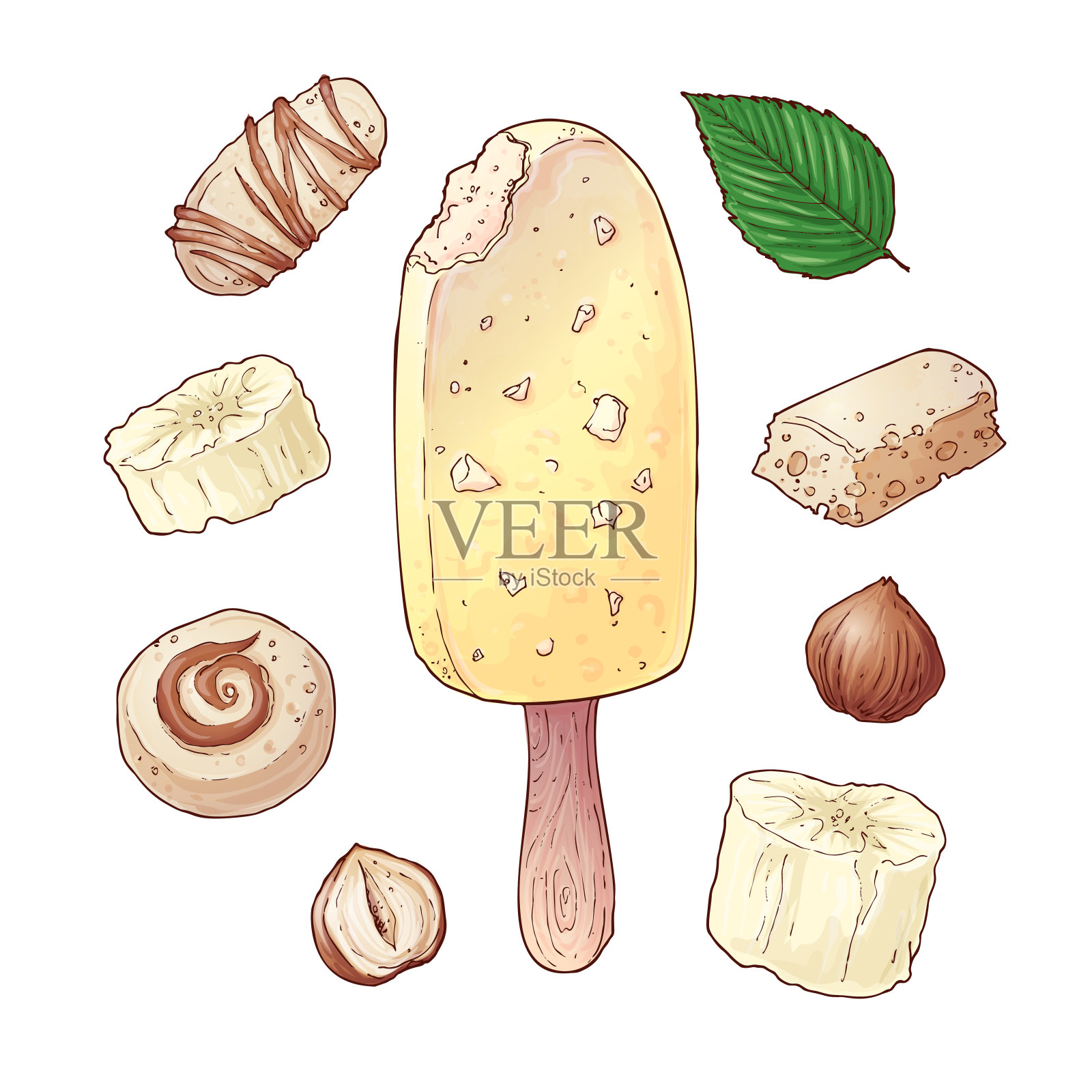 冰淇淋，香蕉，糖果，巧克力，坚果。手绘。矢量图插画图片素材