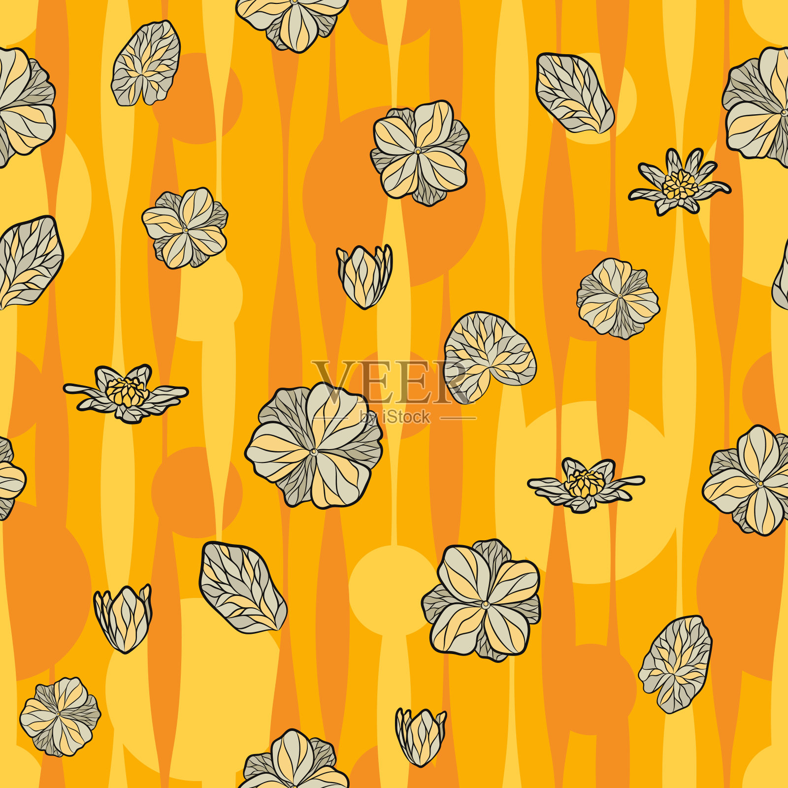 无缝矢量花卉图案与抽象的热带花在黄色和橙色的颜色上的几何背景。无尽的印花插画图片素材