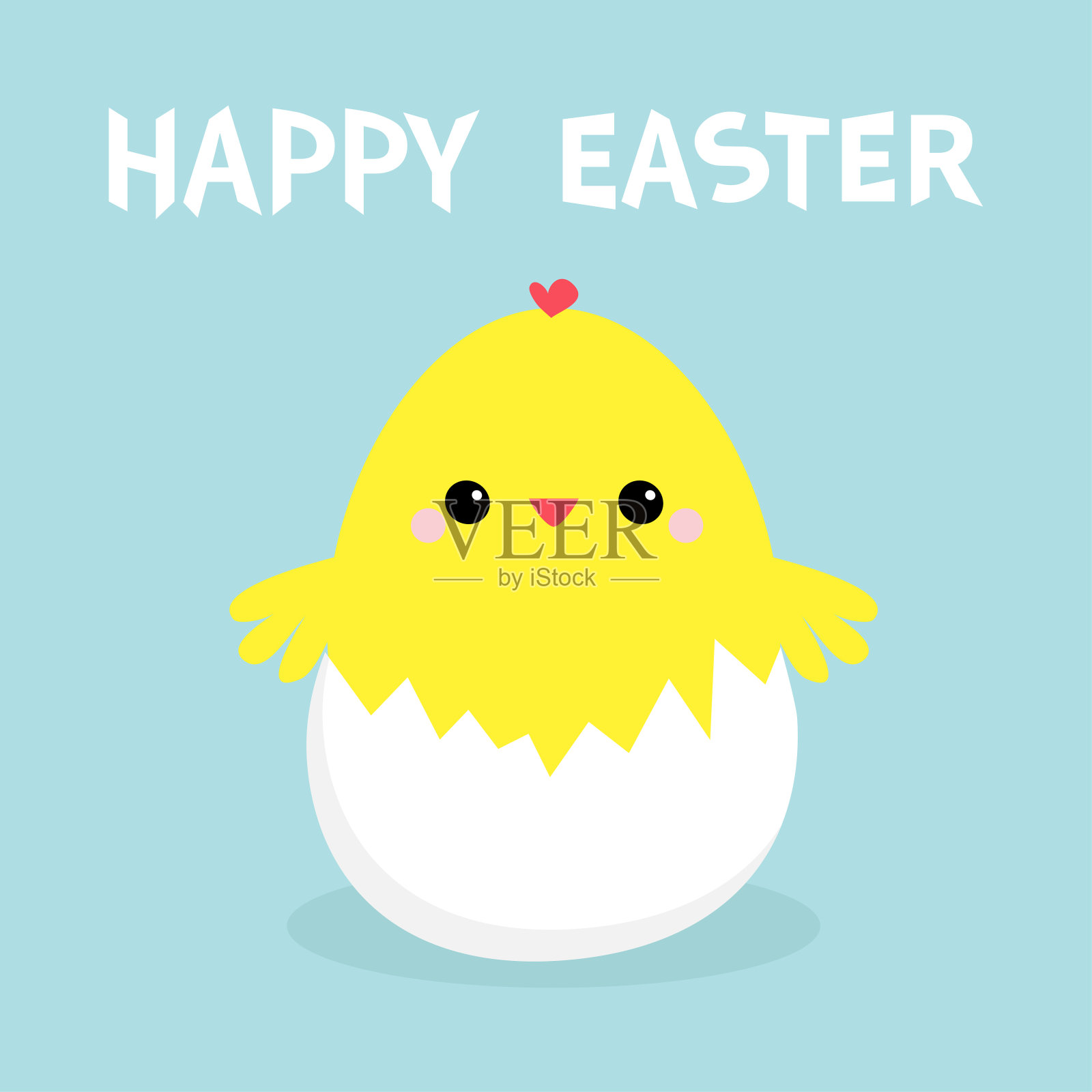复活节快乐，蛋壳里的小鸡。可爱的卡通有趣的卡哇伊宝宝角色。平面设计。贺卡。蓝色粉彩背景。插画图片素材