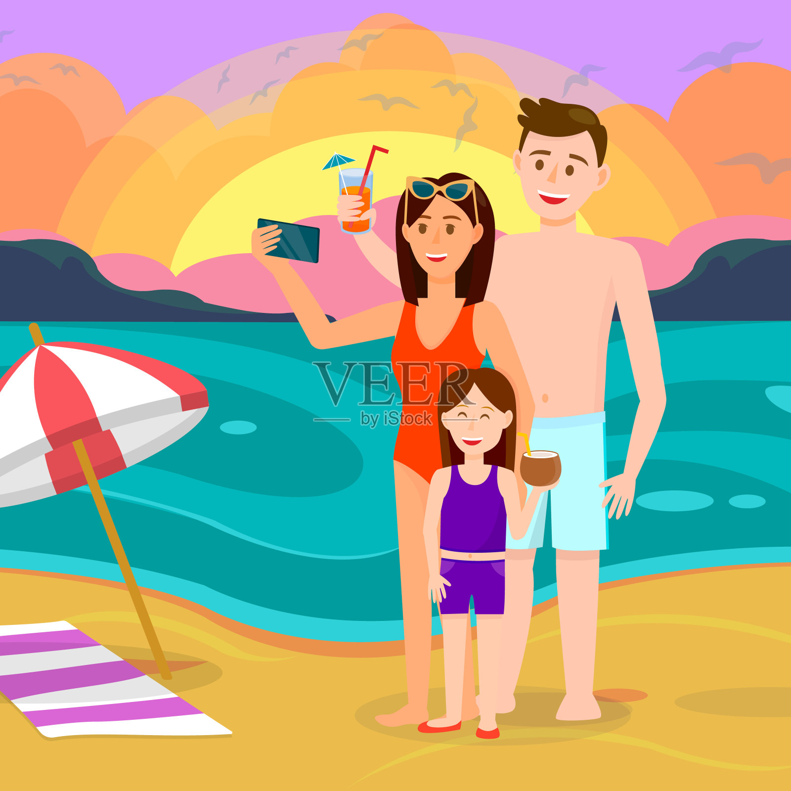 家庭与孩子在日落海边的背景。插画图片素材
